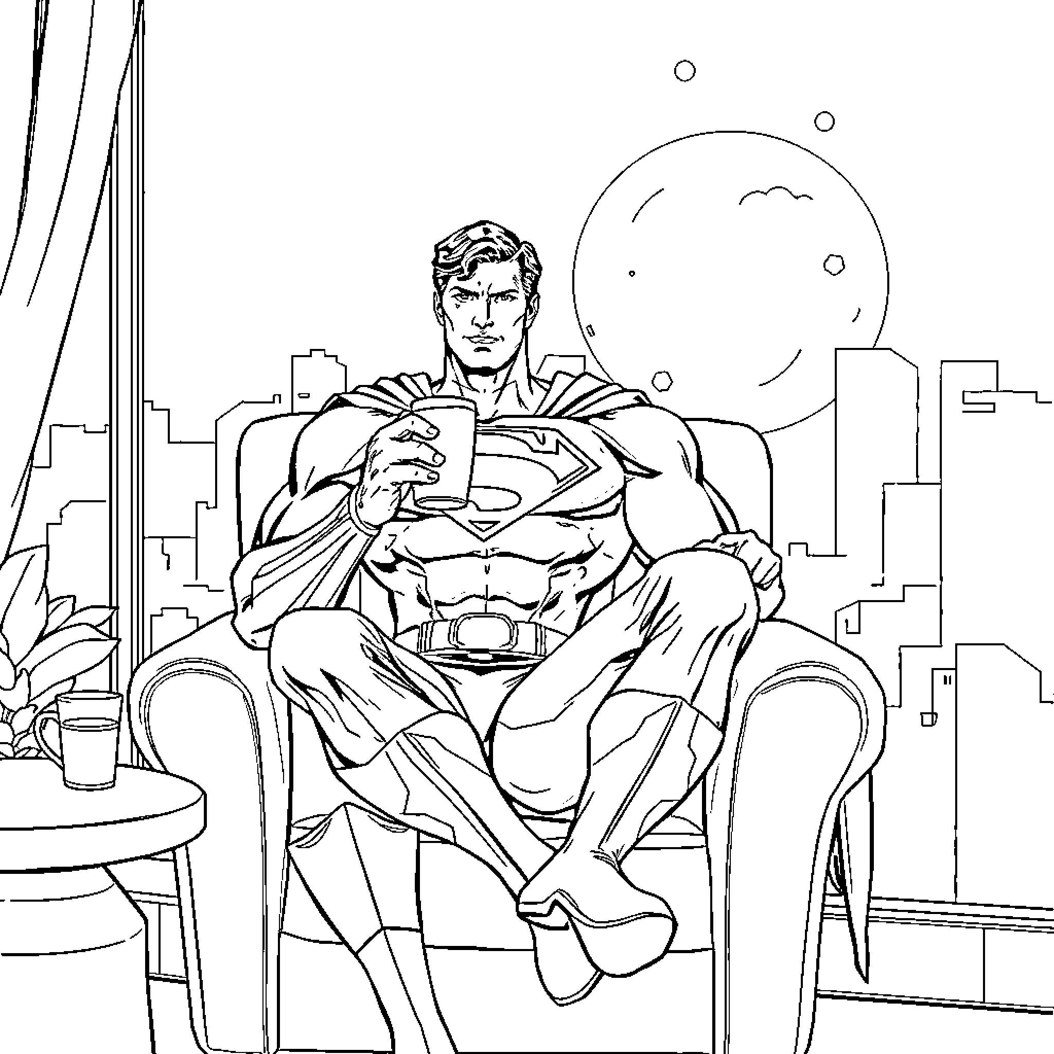 Superman relaxing in the city skyline Coloring Page (free black-and-white line drawing printable PDF for all, from beginners to advanced learners, including children, teens, adults, and seniors)