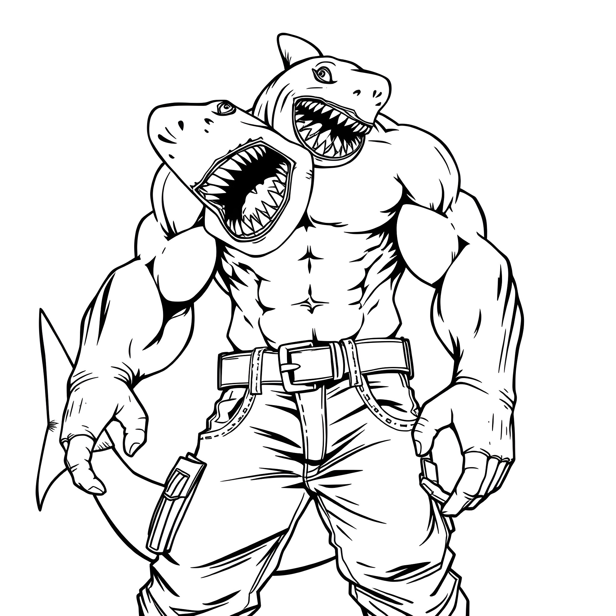 Shark-Themed Muscular Warrior Coloring Page (free black-and-white line drawing printable PDF for all, from beginners to advanced learners, including children, teens, adults, and seniors)