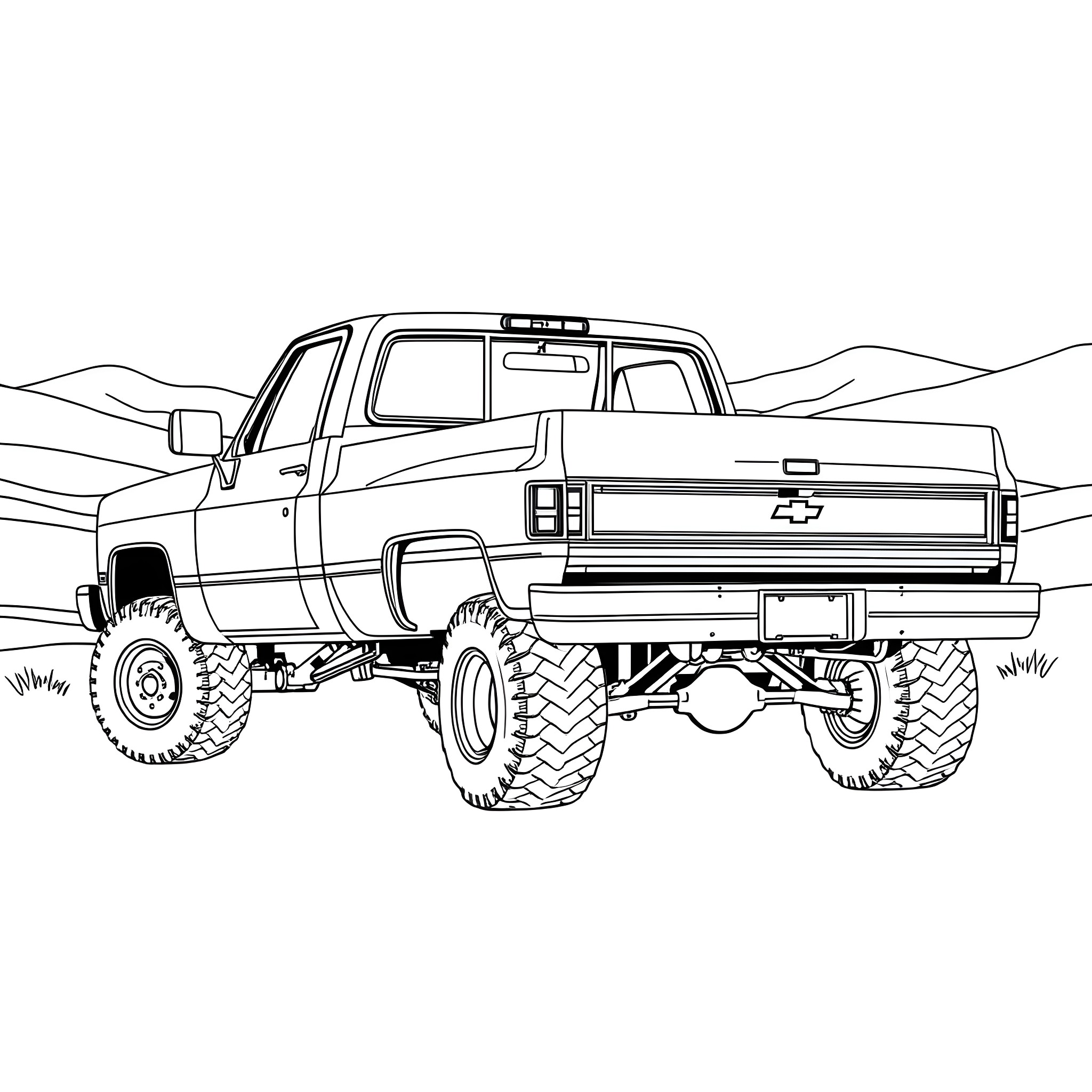 Chevy truck off-road adventure Coloring Page (free black-and-white line drawing printable PDF for all, from beginners to advanced learners, including children, teens, adults, and seniors)