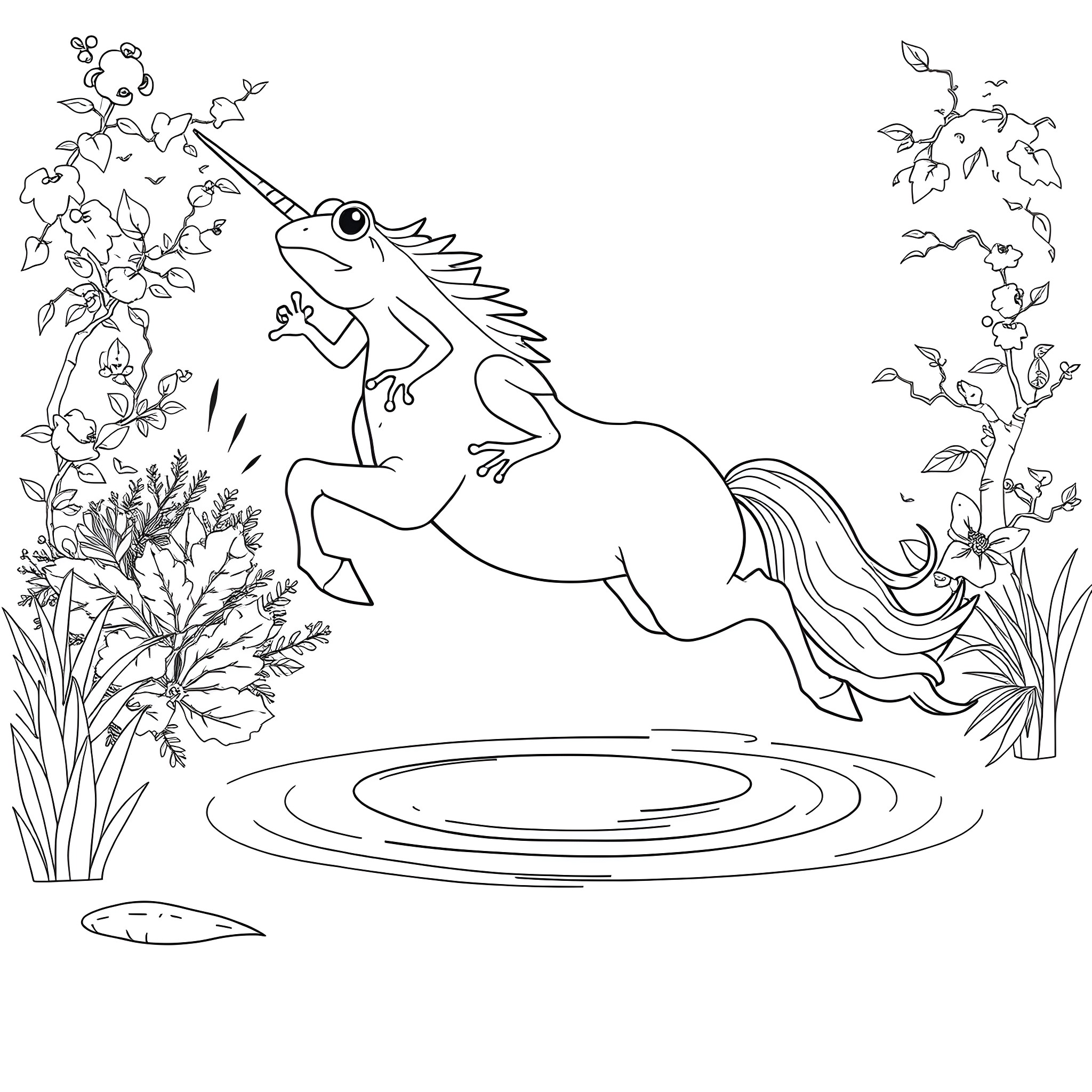Frog jumping in pond with flowers and vegetation Coloring Page (free black-and-white line drawing printable PDF for all, from beginners to advanced learners, including children, teens, adults, and seniors)