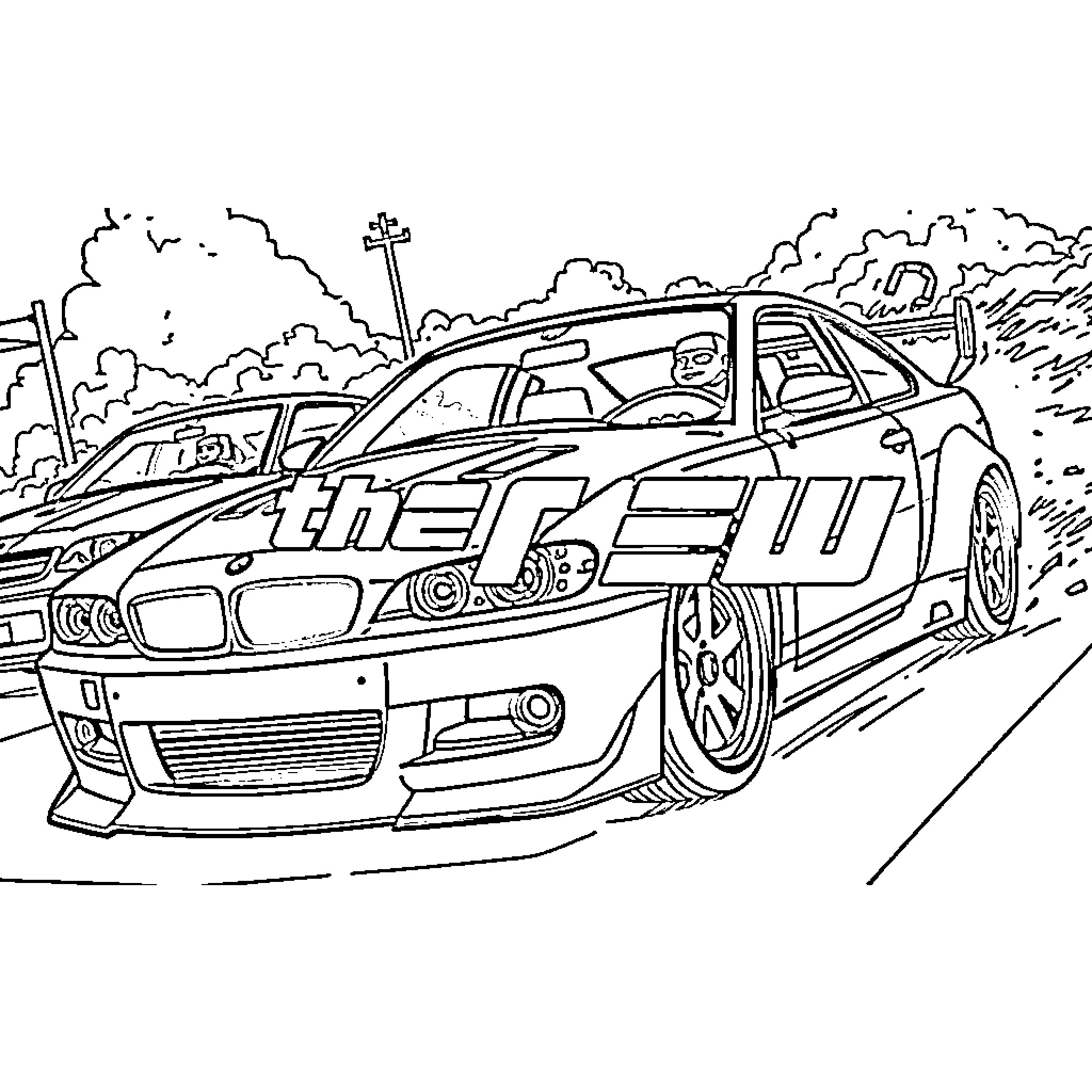 The Crew's High-Speed Racing Adventure Coloring Page (free black-and-white line drawing printable PDF for all, from beginners to advanced learners, including children, teens, adults, and seniors)