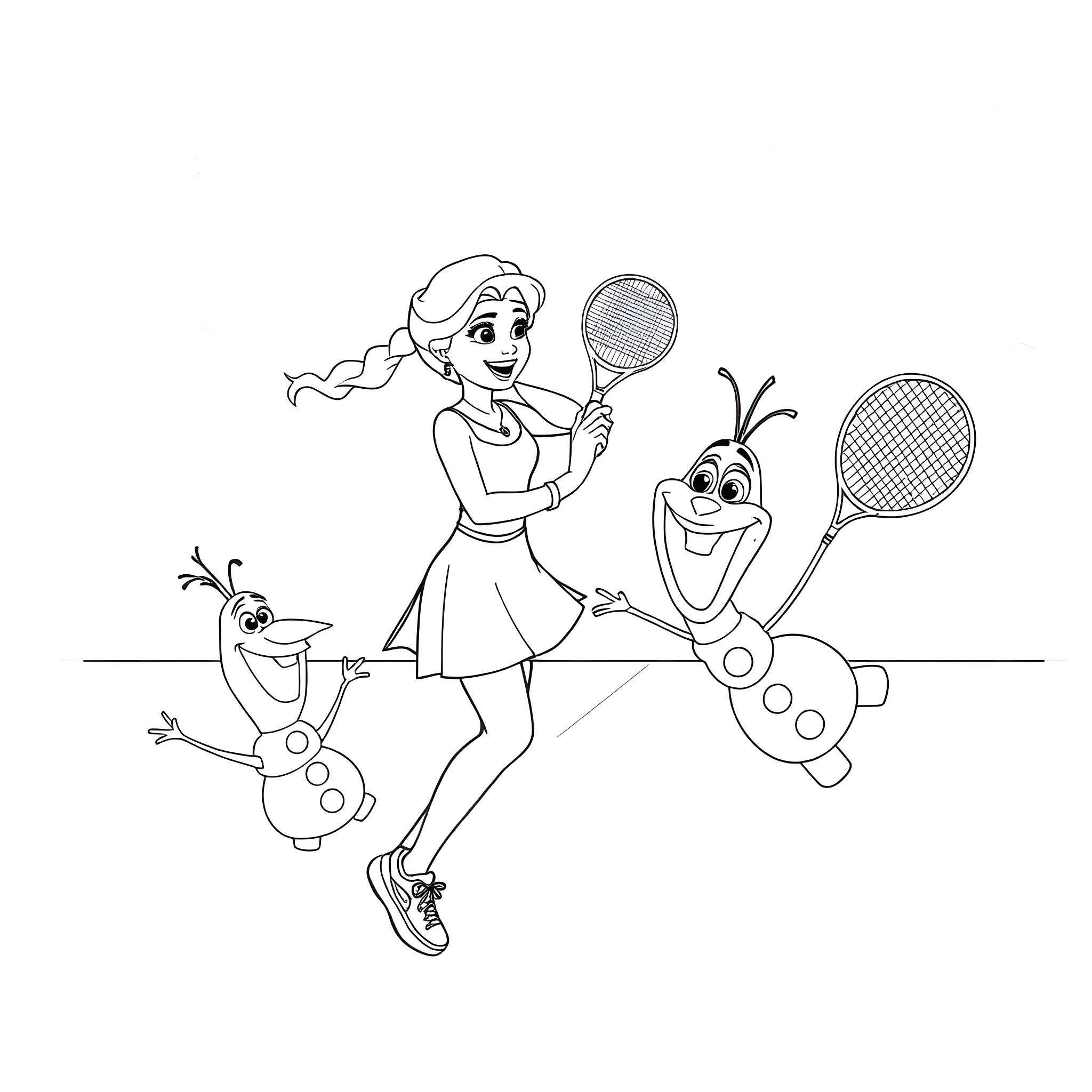 Queen Elsa playing tennis with Olaf Coloring Page (free black-and-white line drawing printable PDF for all, from beginners to advanced learners, including children, teens, adults, and seniors)