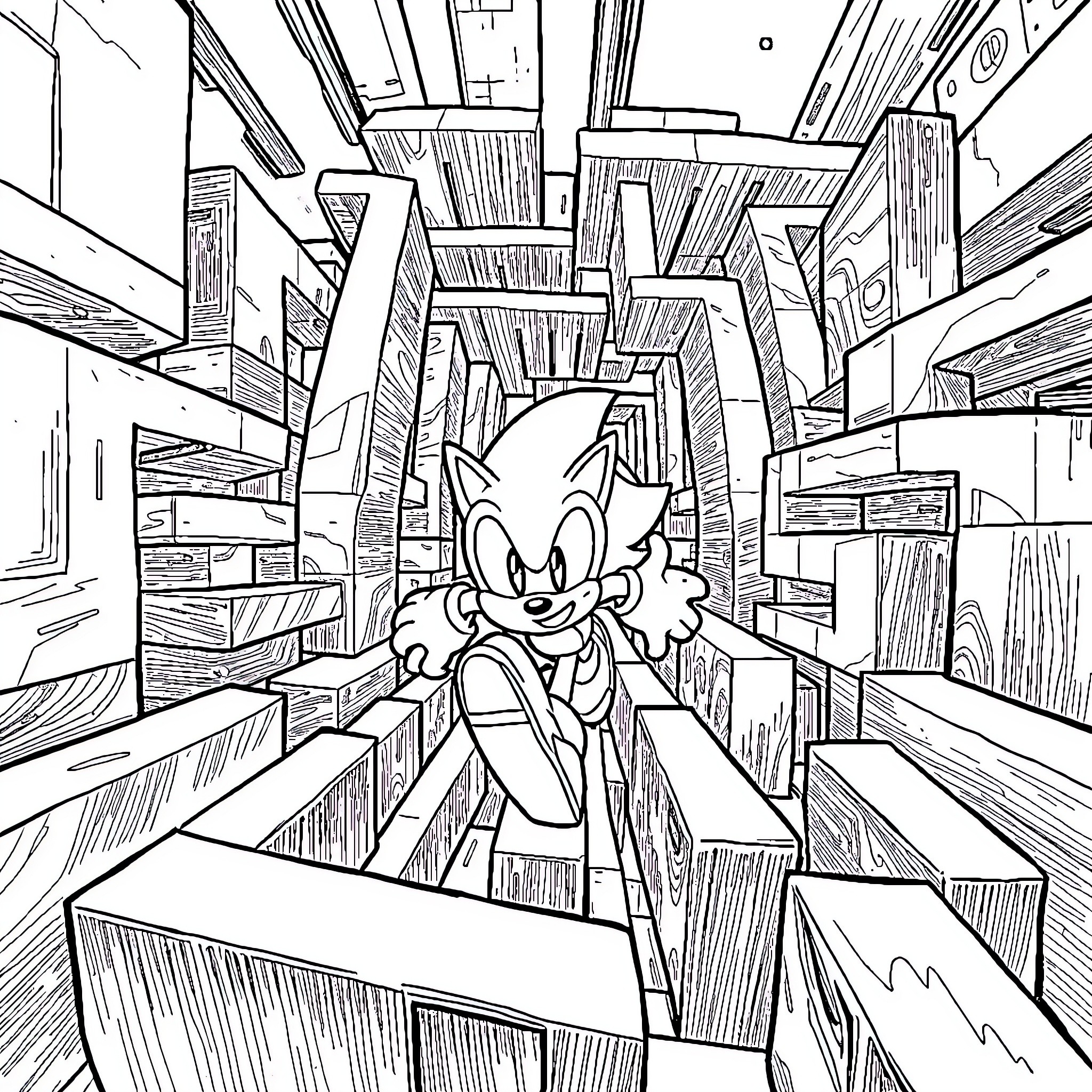 Sonic exploring a maze-like library of books Coloring Page (free black-and-white line drawing printable PDF for all, from beginners to advanced learners, including children, teens, adults, and seniors)