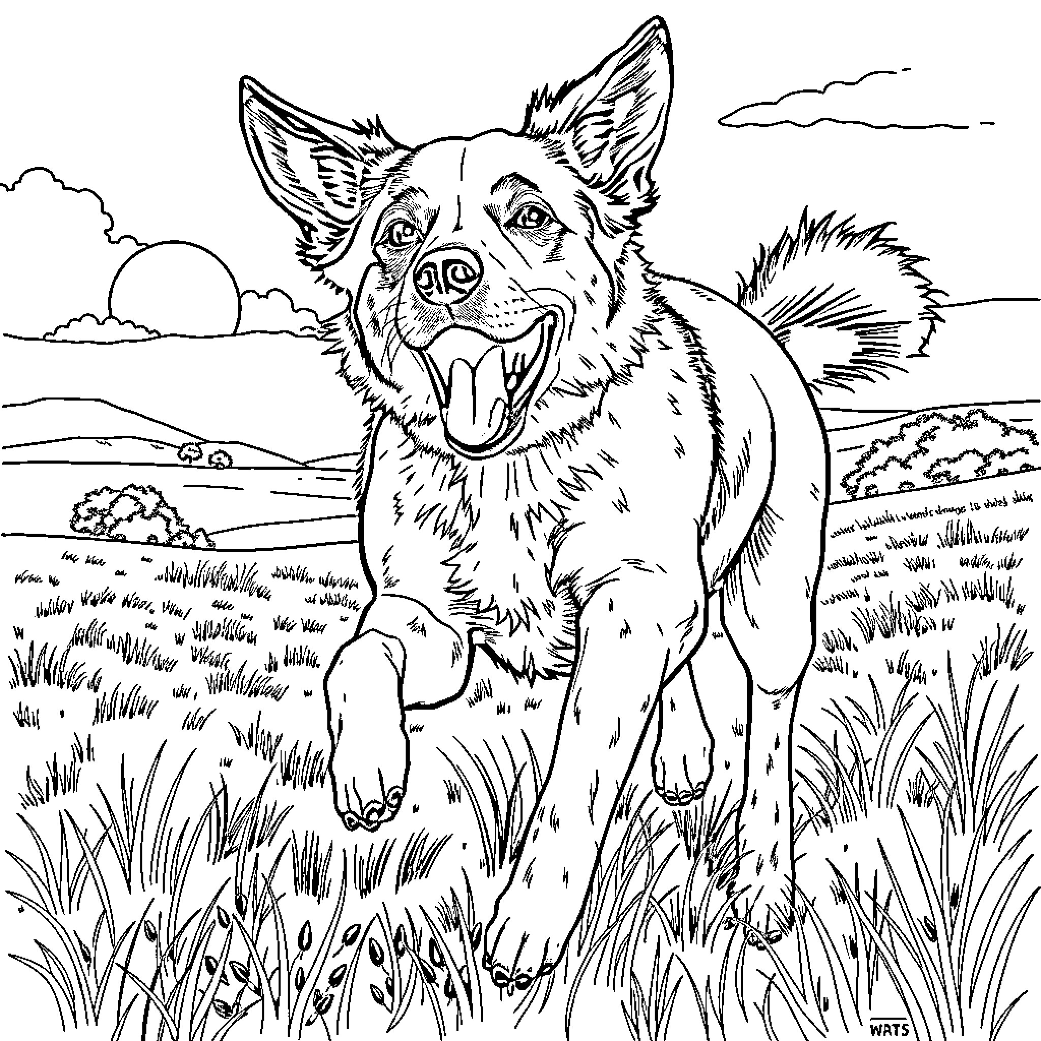 Cattle Dog Exploring the Countryside Landscape Coloring Page (free black-and-white line drawing printable PDF for all, from beginners to advanced learners, including children, teens, adults, and seniors)