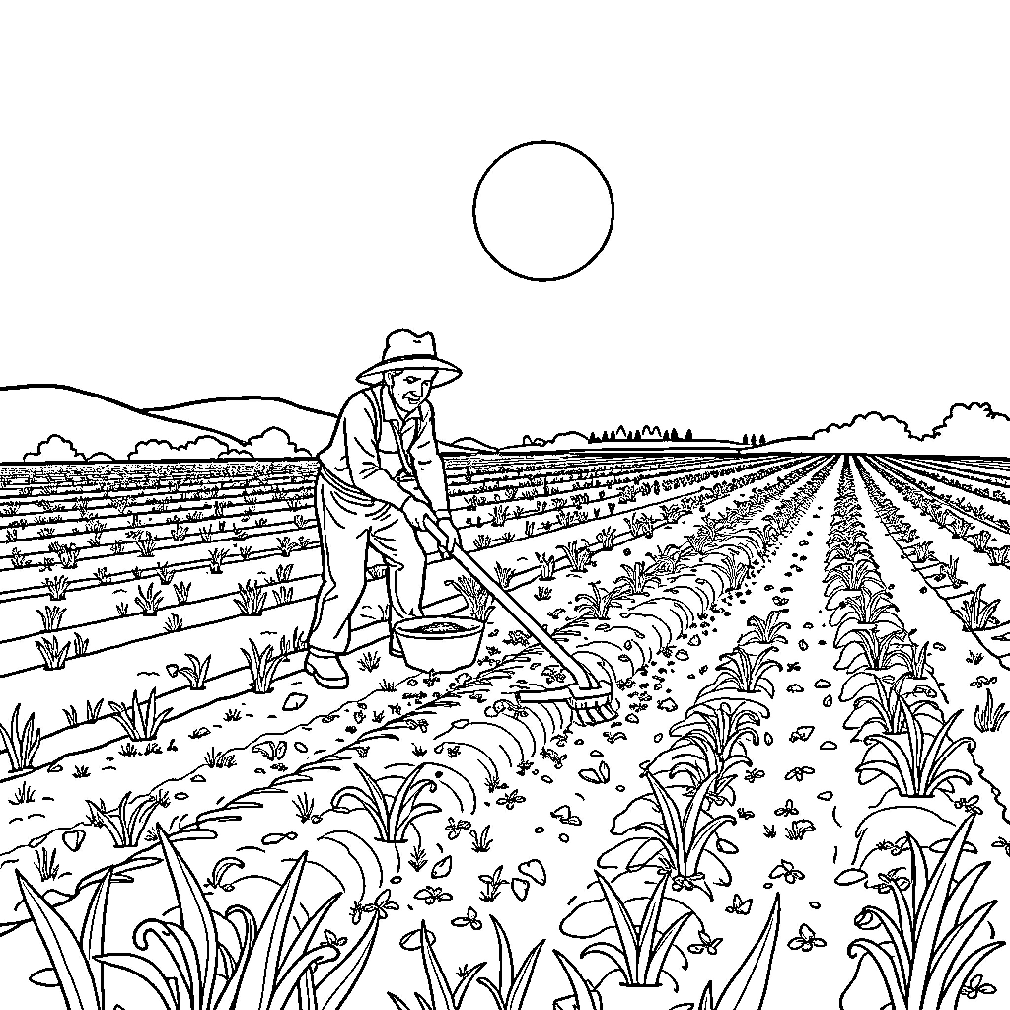 Farmer working diligently in the fields Coloring Page (free black-and-white line drawing printable PDF for all, from beginners to advanced learners, including children, teens, adults, and seniors)