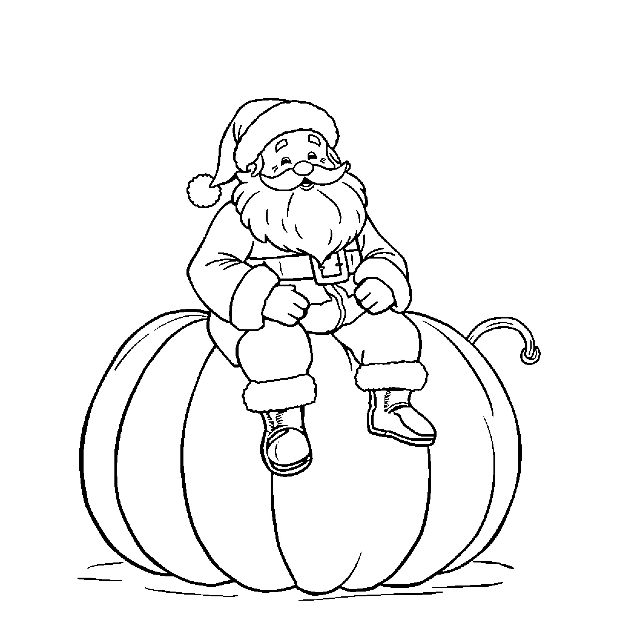 Santa sitting cheerfully on a pumpkin Coloring Page (free black-and-white line drawing printable PDF for all, from beginners to advanced learners, including children, teens, adults, and seniors)
