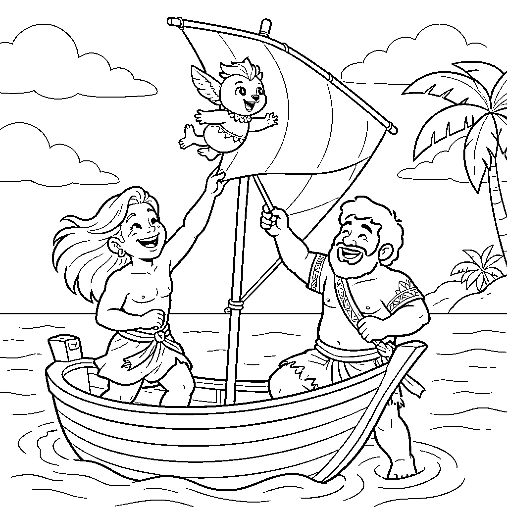 Vaïna and friends sailing a boat with a small creature Coloring Page (free black-and-white line drawing printable PDF for all, from beginners to advanced learners, including children, teens, adults, and seniors)