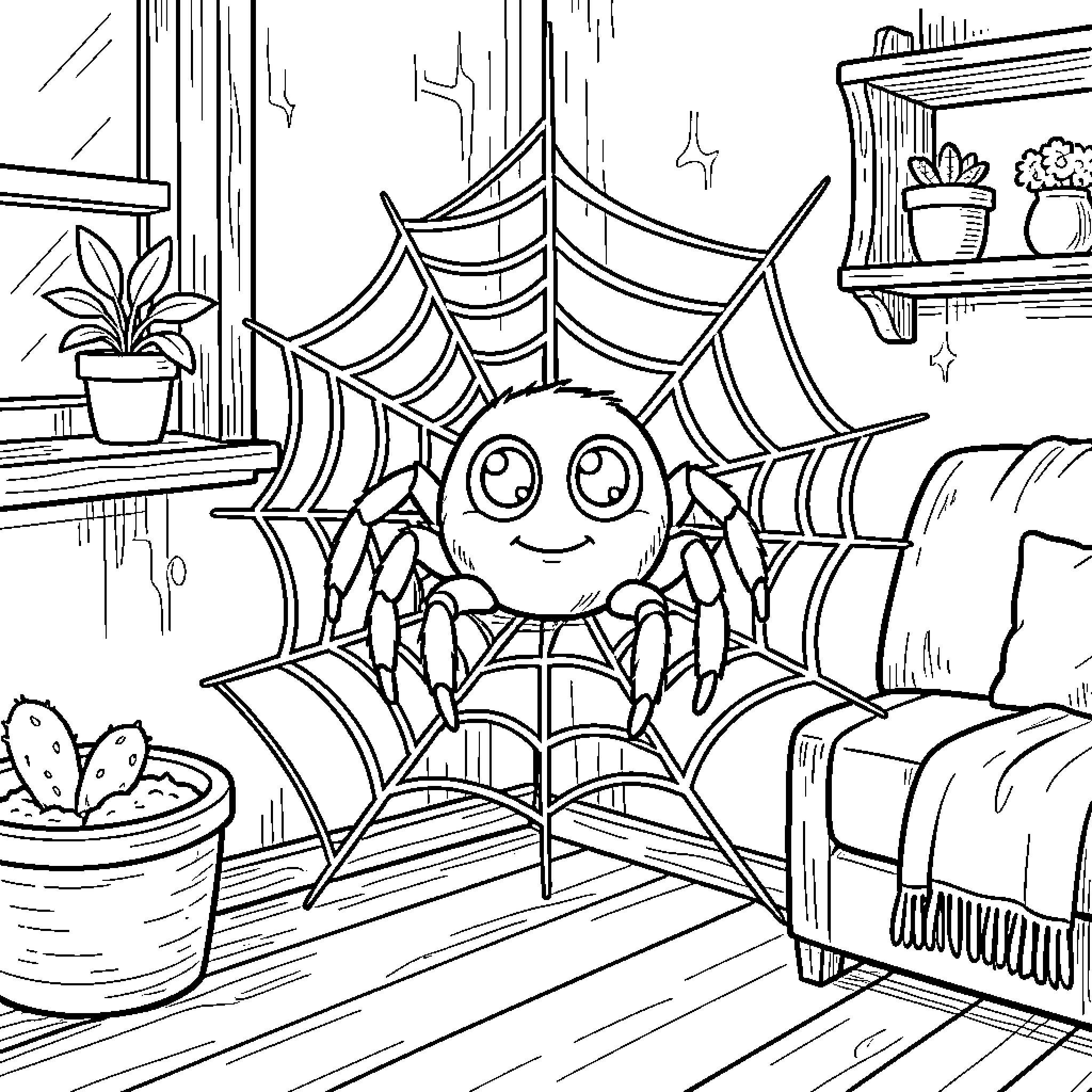 Spider Spinning Web in Cozy Home Coloring Page (free black-and-white line drawing printable PDF for all, from beginners to advanced learners, including children, teens, adults, and seniors)