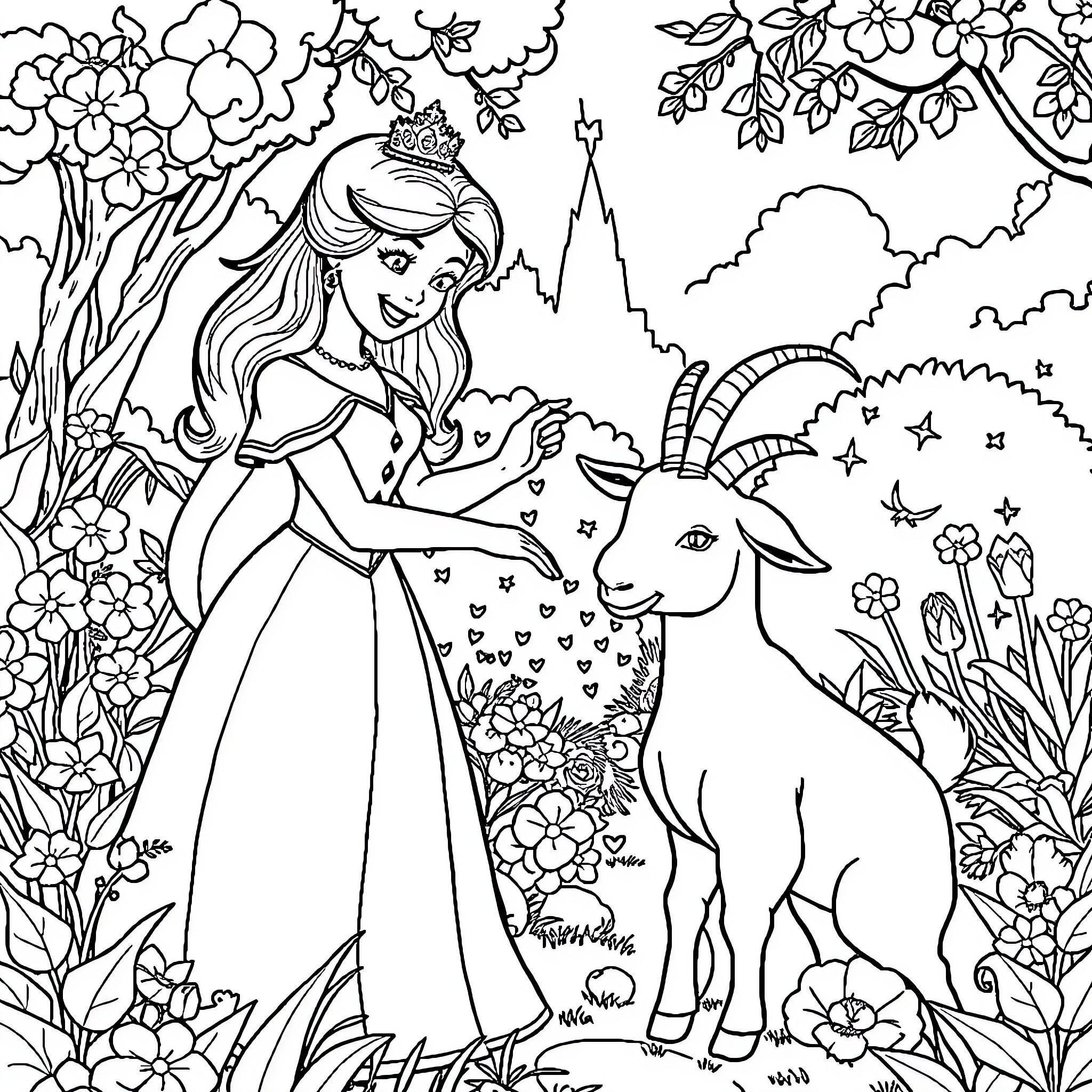 Princess Embracing Adorable Forest Animal in Enchanting Landscape Coloring Page (free black-and-white line drawing printable PDF for all, from beginners to advanced learners, including children, teens, adults, and seniors)