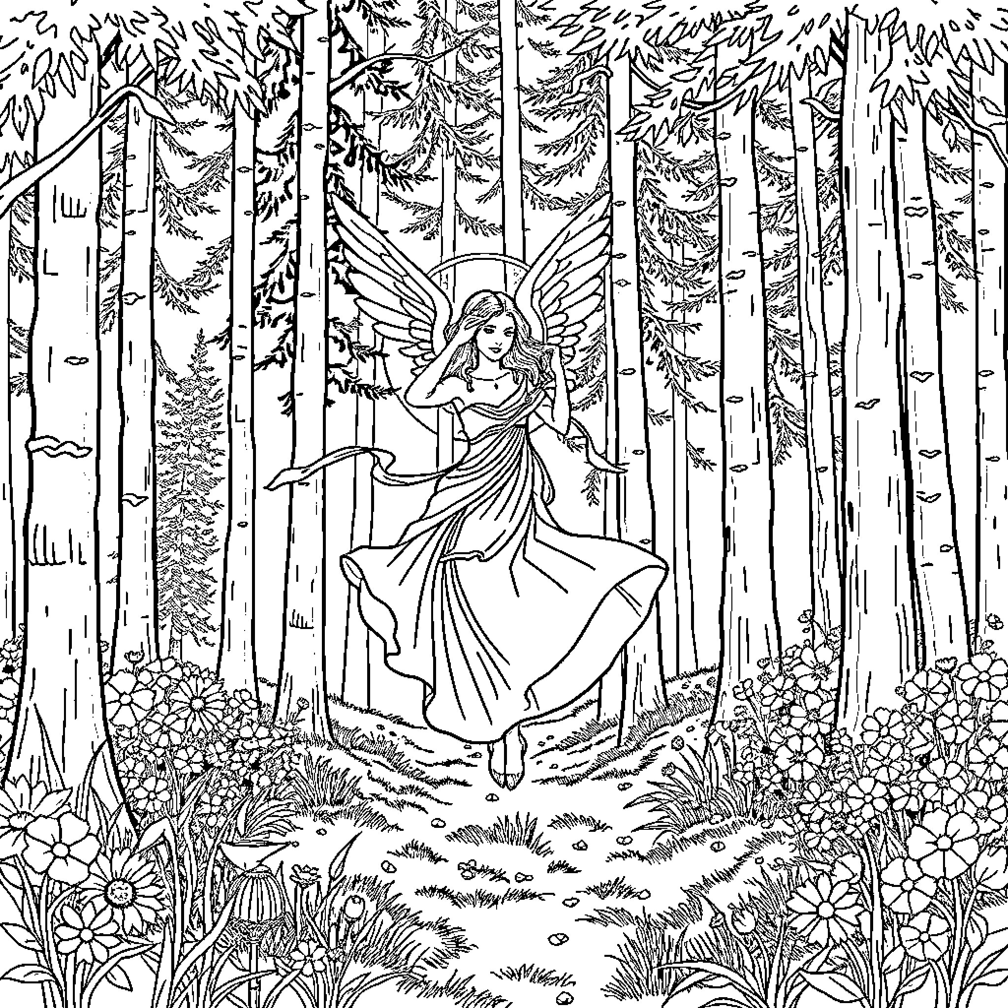 Angel Dancing in Enchanted Forest Glade Coloring Page (free black-and-white line drawing printable PDF for all, from beginners to advanced learners, including children, teens, adults, and seniors)