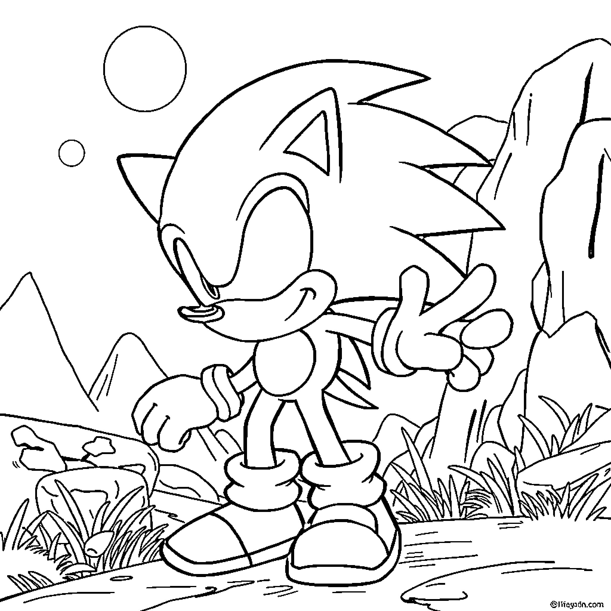 Sonic exploring the wilderness Coloring Page (free black-and-white line drawing printable PDF for all, from beginners to advanced learners, including children, teens, adults, and seniors)
