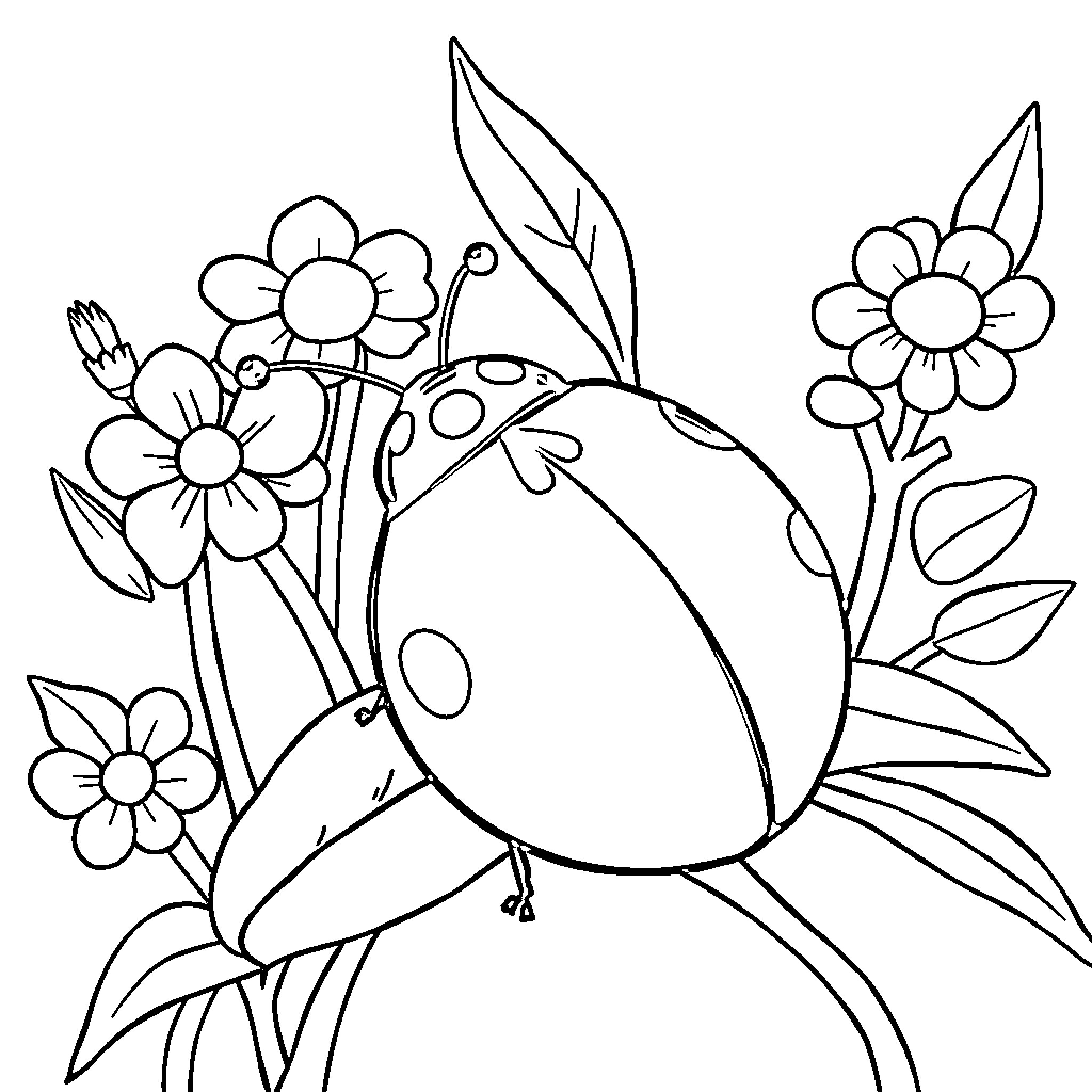 Ladybug exploring colorful garden flowers Coloring Page (free black-and-white line drawing printable PDF for all, from beginners to advanced learners, including children, teens, adults, and seniors)