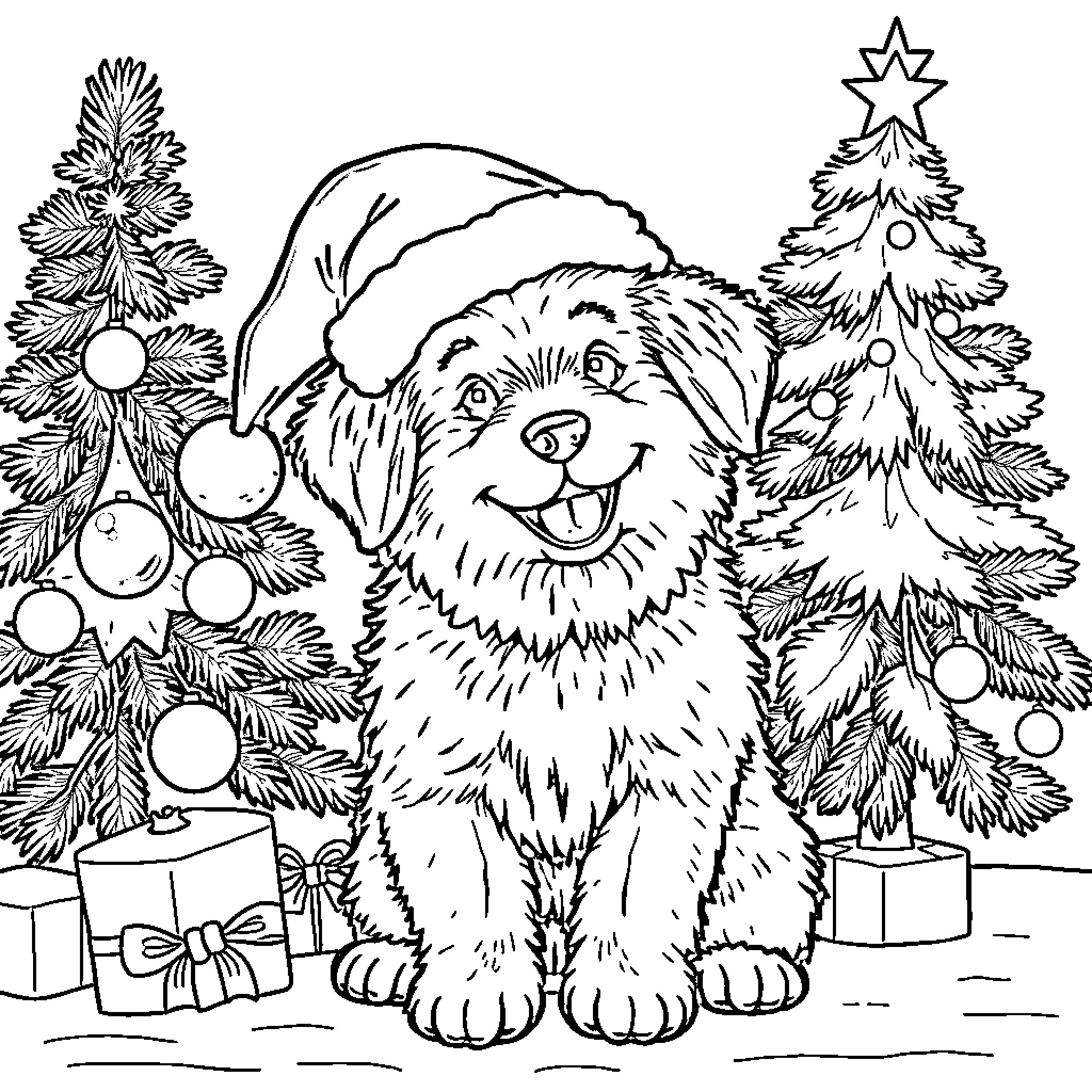 Dog dressed up in Christmas decorations Coloring Page (free black-and-white line drawing printable PDF for all, from beginners to advanced learners, including children, teens, adults, and seniors)