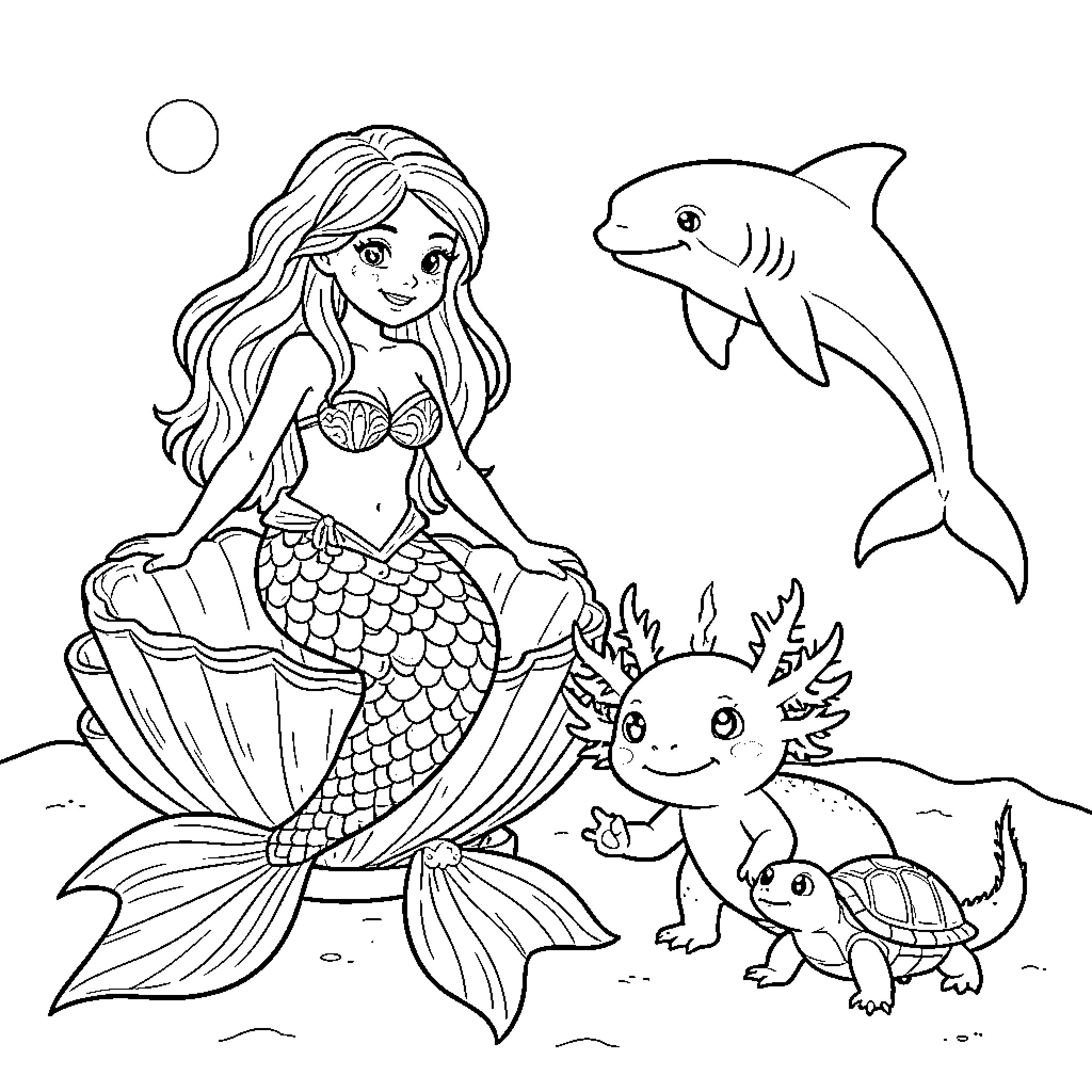 Mermaid playing with marine creatures in the ocean Coloring Page (free black-and-white line drawing printable PDF for all, from beginners to advanced learners, including children, teens, adults, and seniors)