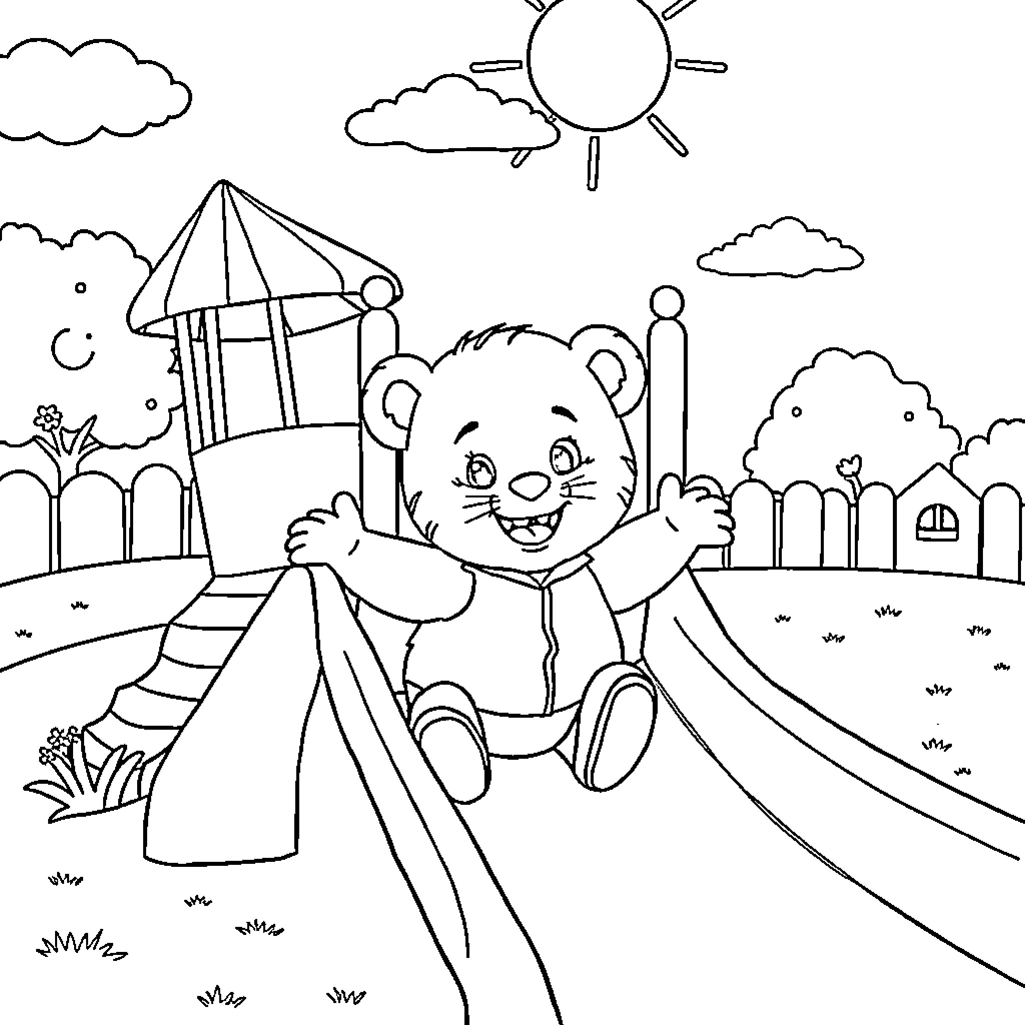 Daniel Tiger playing happily on the playground Coloring Page (free black-and-white line drawing printable PDF for all, from beginners to advanced learners, including children, teens, adults, and seniors)