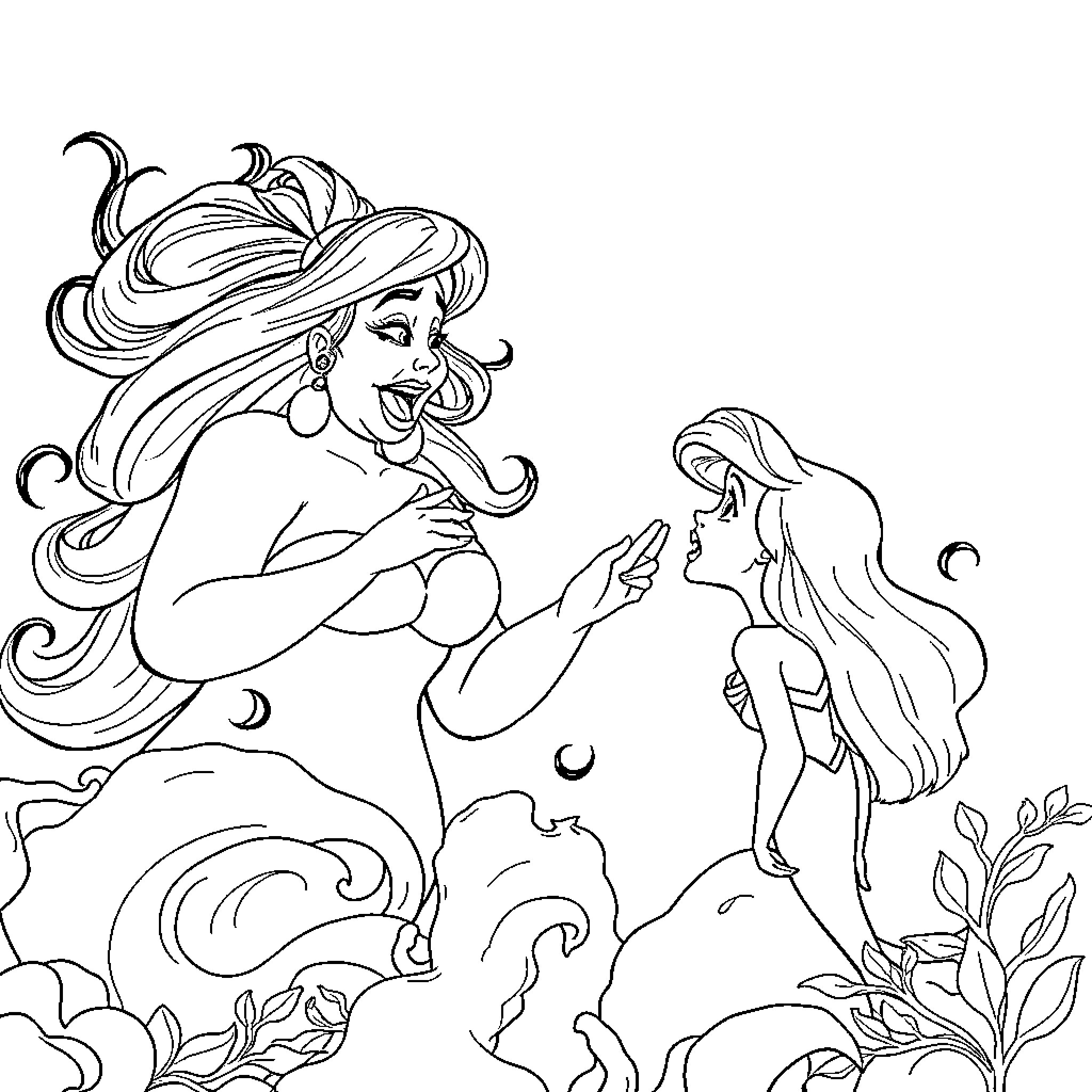 Ursula interacting playfully with Ariel the mermaid Coloring Page (free black-and-white line drawing printable PDF for all, from beginners to advanced learners, including children, teens, adults, and seniors)