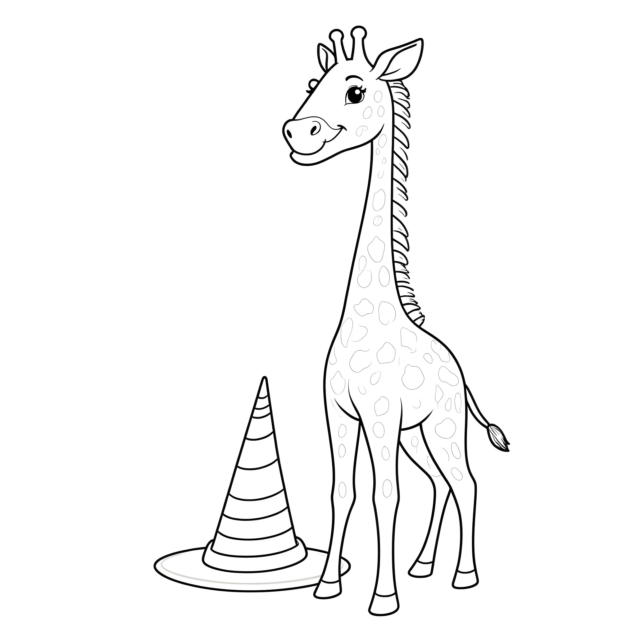 Giraffe playing with a traffic cone Coloring Page (free black-and-white line drawing printable PDF for all, from beginners to advanced learners, including children, teens, adults, and seniors)