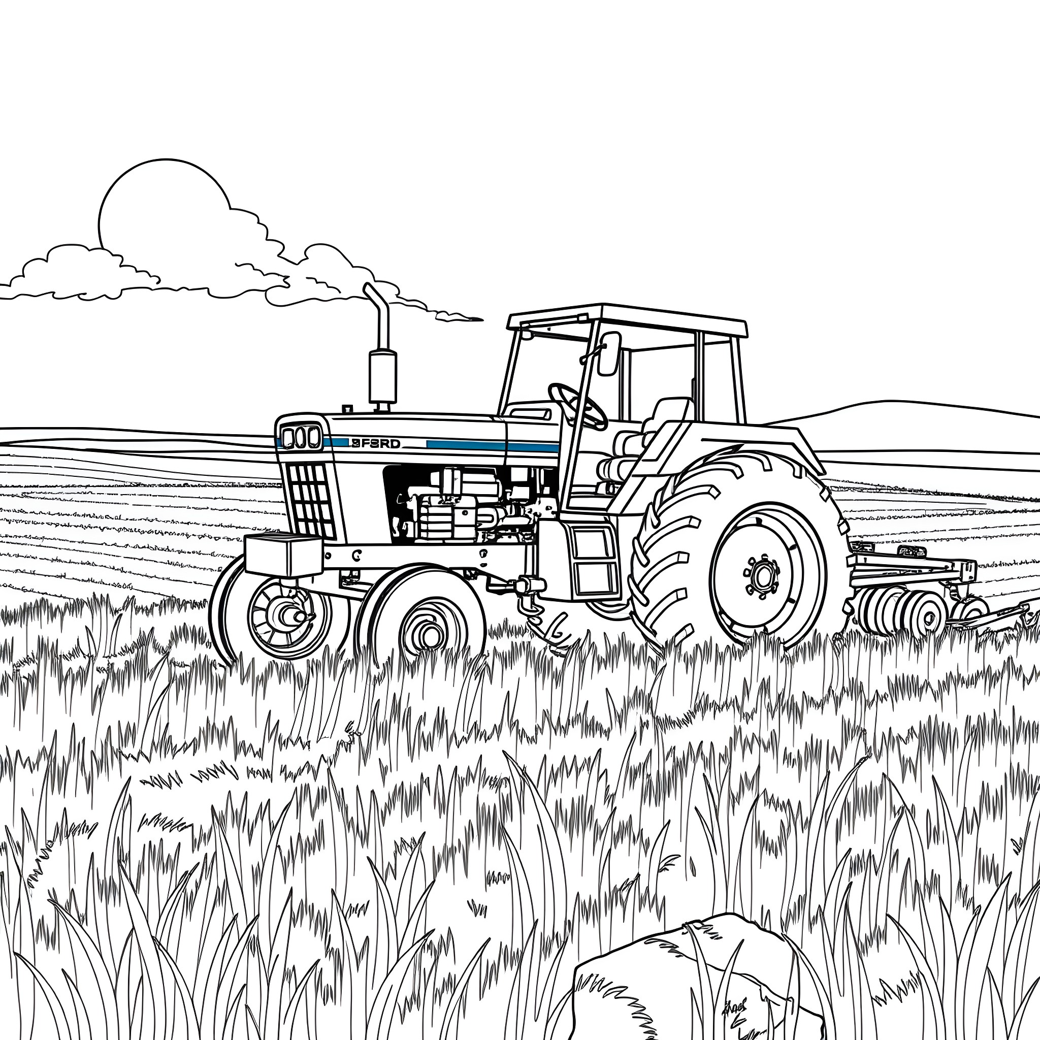 Tractor plowing through a field Coloring Page (free black-and-white line drawing printable PDF for all, from beginners to advanced learners, including children, teens, adults, and seniors)