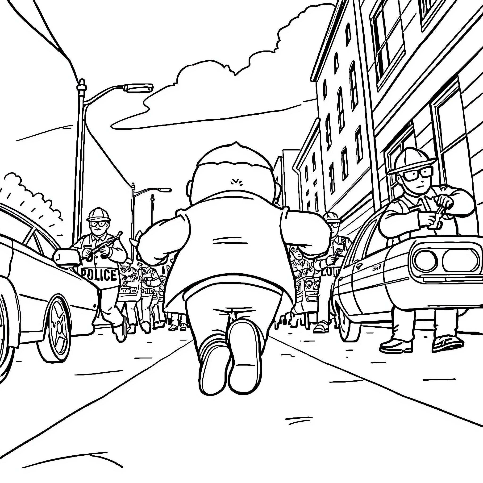 Cartman's Chaotic City Adventure Coloring Page (free black-and-white line drawing printable PDF for all, from beginners to advanced learners, including children, teens, adults, and seniors)