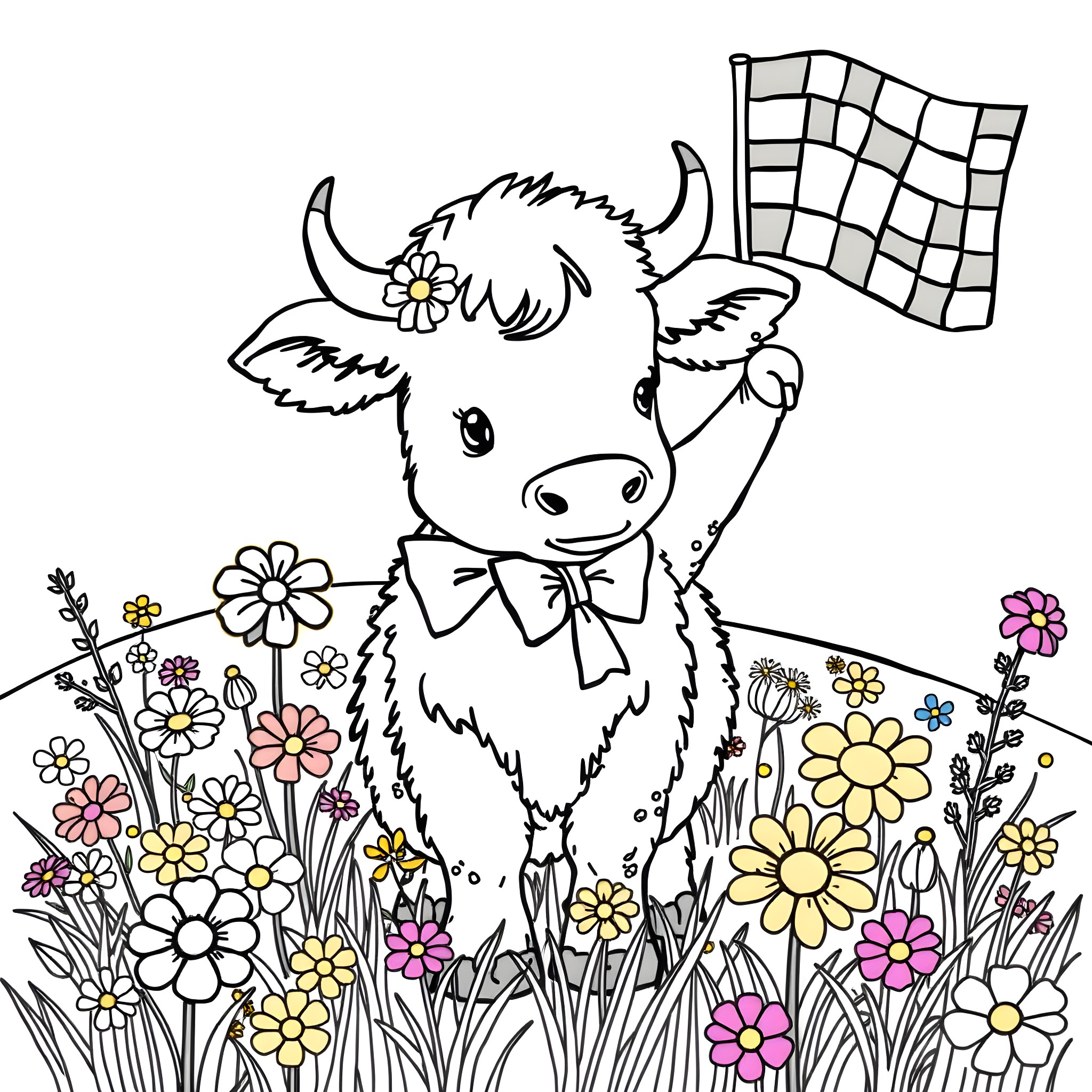 Highland Cow holding a festive flag in a field of flowers Coloring Page (free black-and-white line drawing printable PDF for all, from beginners to advanced learners, including children, teens, adults, and seniors)