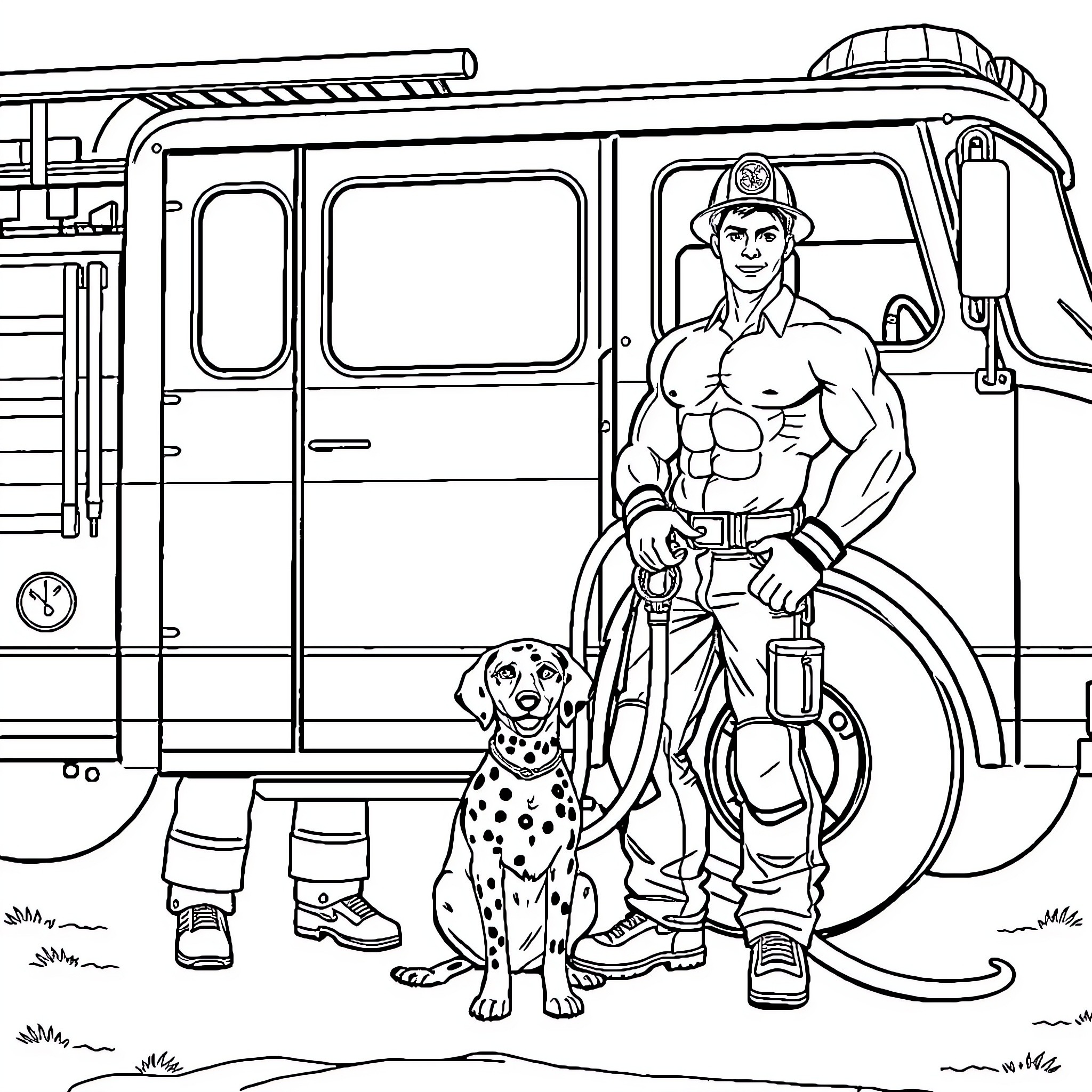 Firefighter rescuing canine companion from emergency vehicle Coloring Page (free black-and-white line drawing printable PDF for all, from beginners to advanced learners, including children, teens, adults, and seniors)