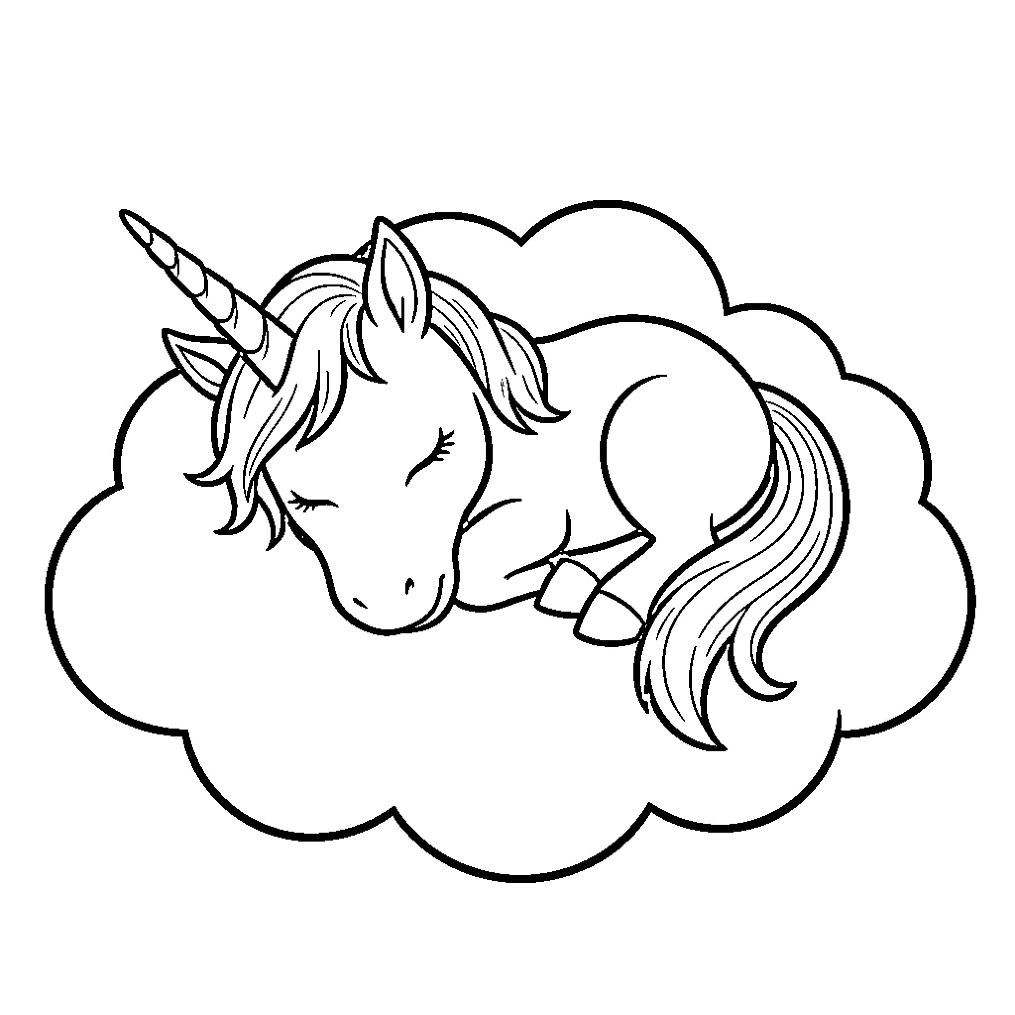 Unicorn resting peacefully on a cloud Coloring Page (free black-and-white line drawing printable PDF for all, from beginners to advanced learners, including children, teens, adults, and seniors)