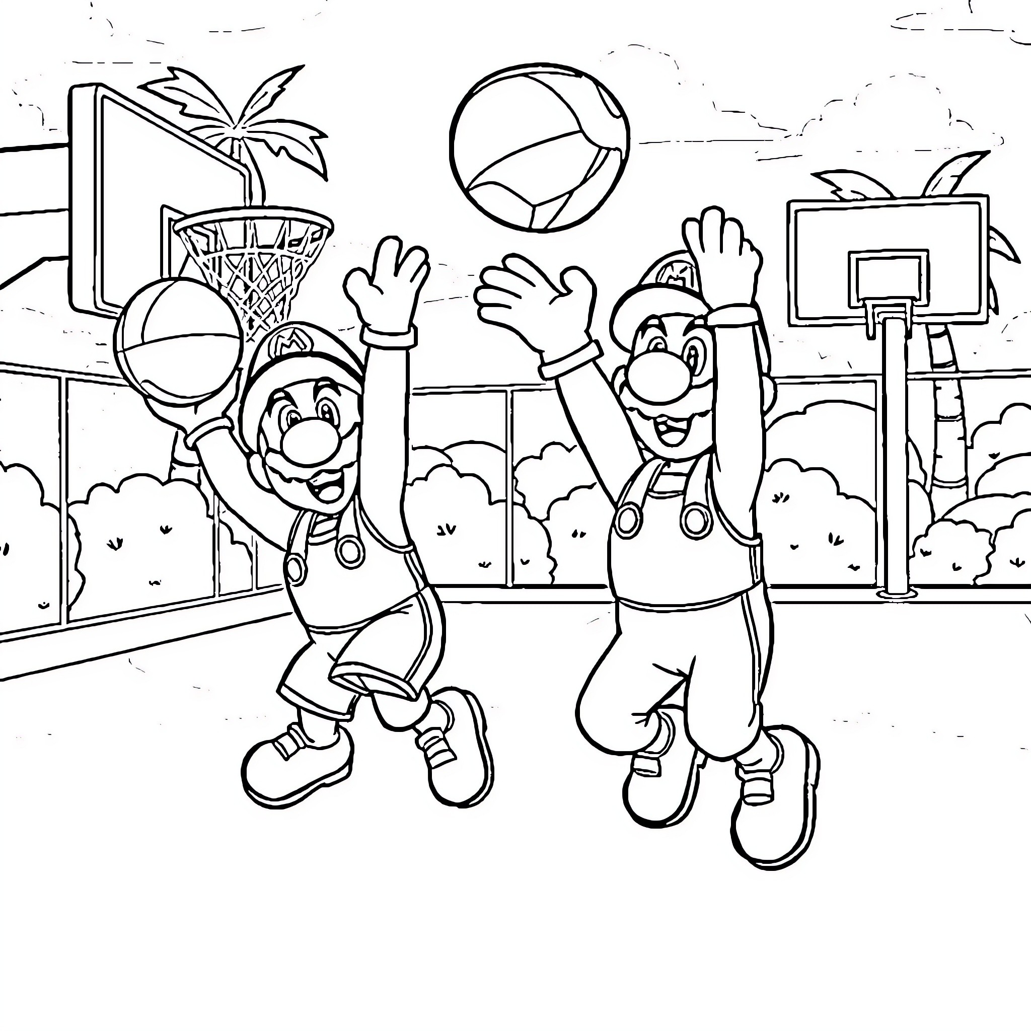 Mario and Luigi playing basketball happily on the court Coloring Page (free black-and-white line drawing printable PDF for all, from beginners to advanced learners, including children, teens, adults, and seniors)