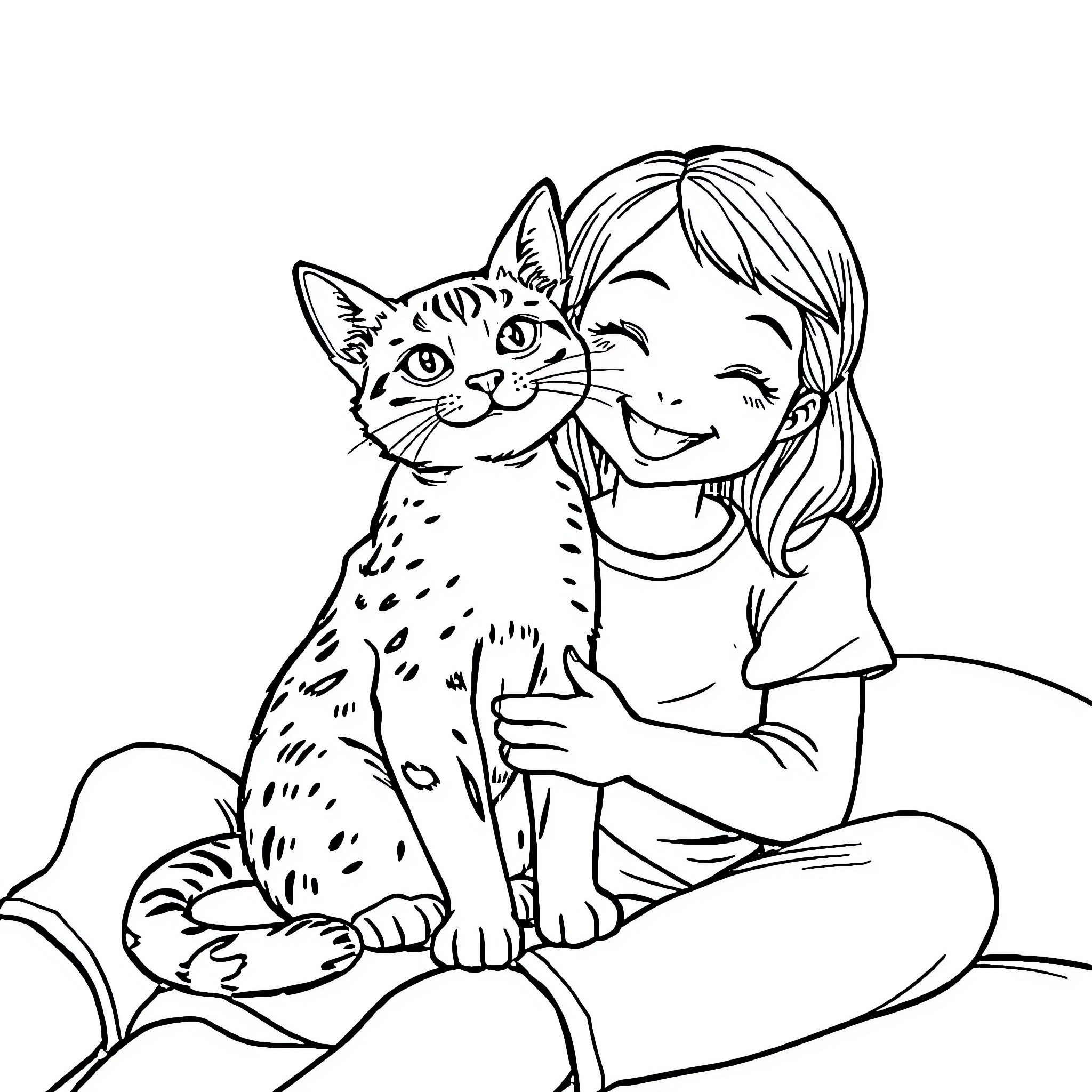 Cat joyfully embraced by a young girl Coloring Page (free black-and-white line drawing printable PDF for all, from beginners to advanced learners, including children, teens, adults, and seniors)