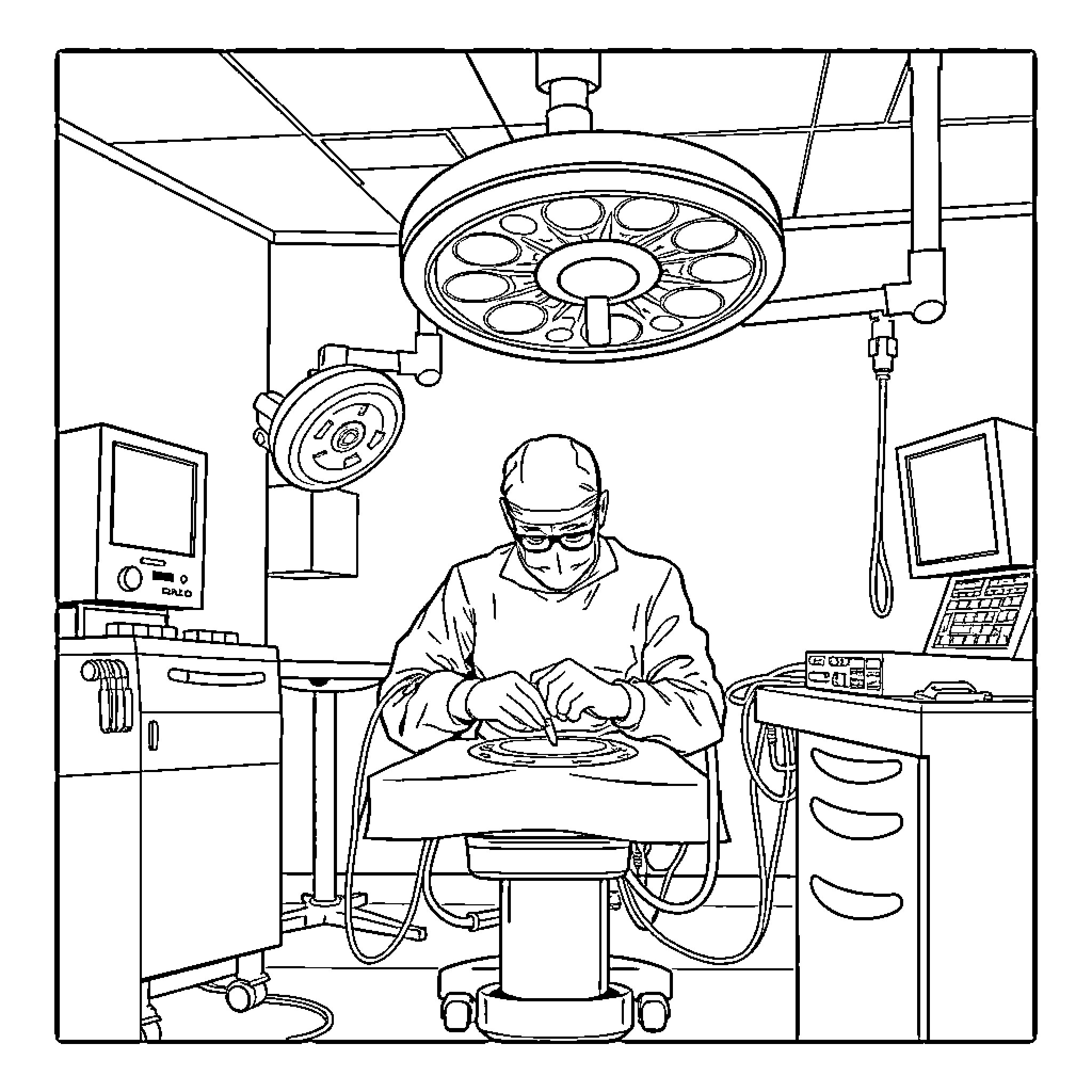 Kidney Stone Surgery in Medical Facility Coloring Page (free black-and-white line drawing printable PDF for all, from beginners to advanced learners, including children, teens, adults, and seniors)