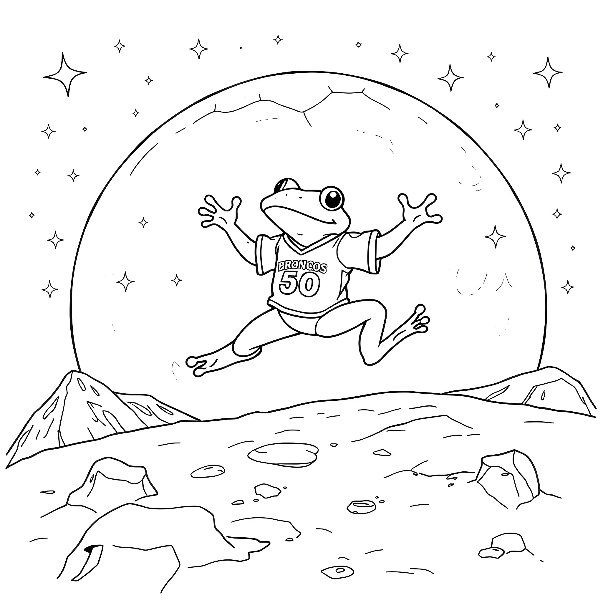 Frog jumping joyfully under starry night sky Coloring Page (free black-and-white line drawing printable PDF for all, from beginners to advanced learners, including children, teens, adults, and seniors)