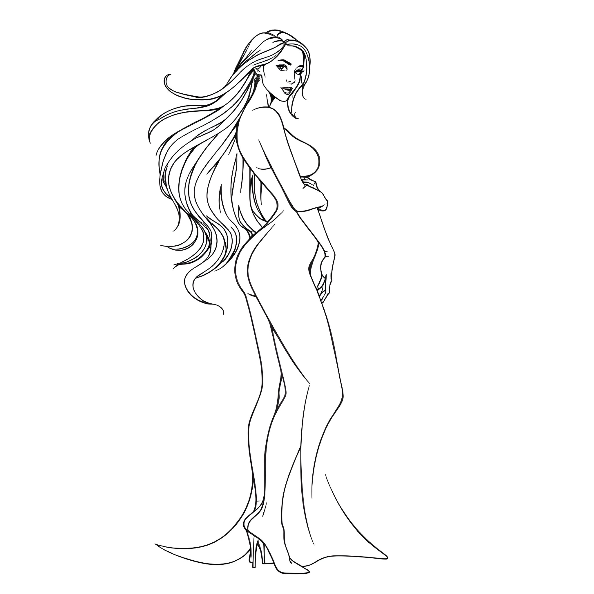Woman with long flowing hair in elegant dress Coloring Page (free black-and-white line drawing printable PDF for all, from beginners to advanced learners, including children, teens, adults, and seniors)