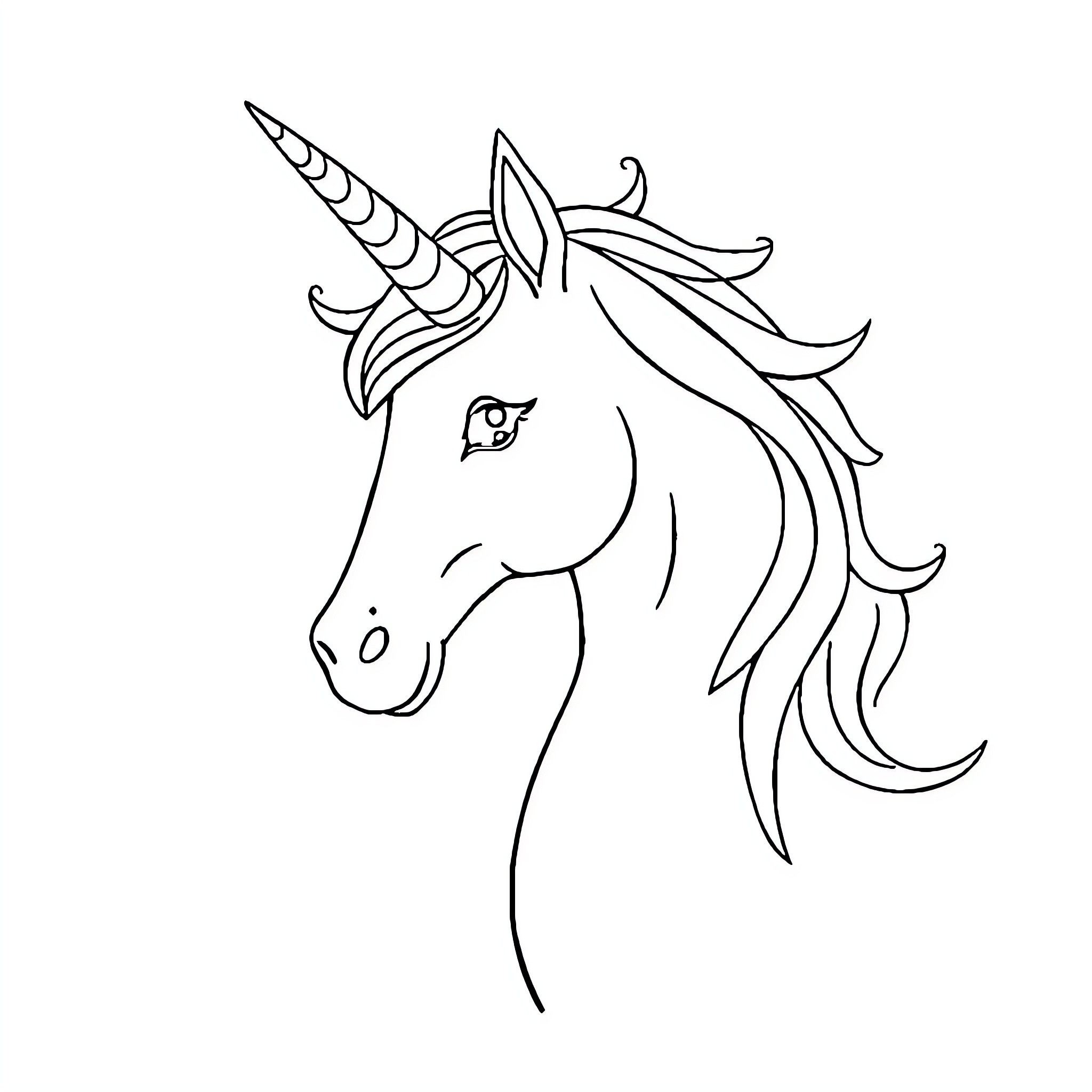 Unicorn with flowing mane and horn Coloring Page (free black-and-white line drawing printable PDF for all, from beginners to advanced learners, including children, teens, adults, and seniors)