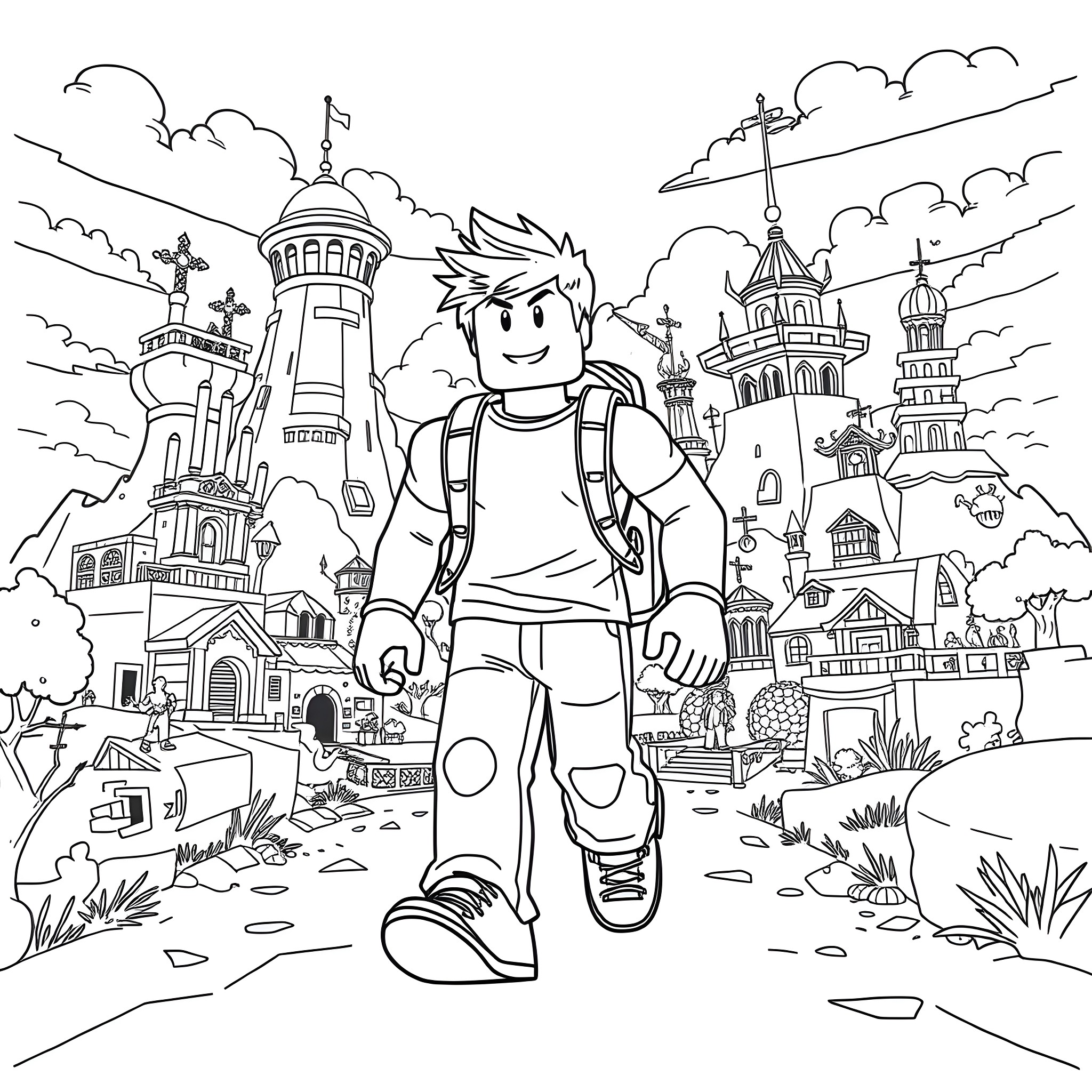 Zach Nolan's Adventurous Journey Through the Fantastical Landscape Coloring Page (free black-and-white line drawing printable PDF for all, from beginners to advanced learners, including children, teens, adults, and seniors)