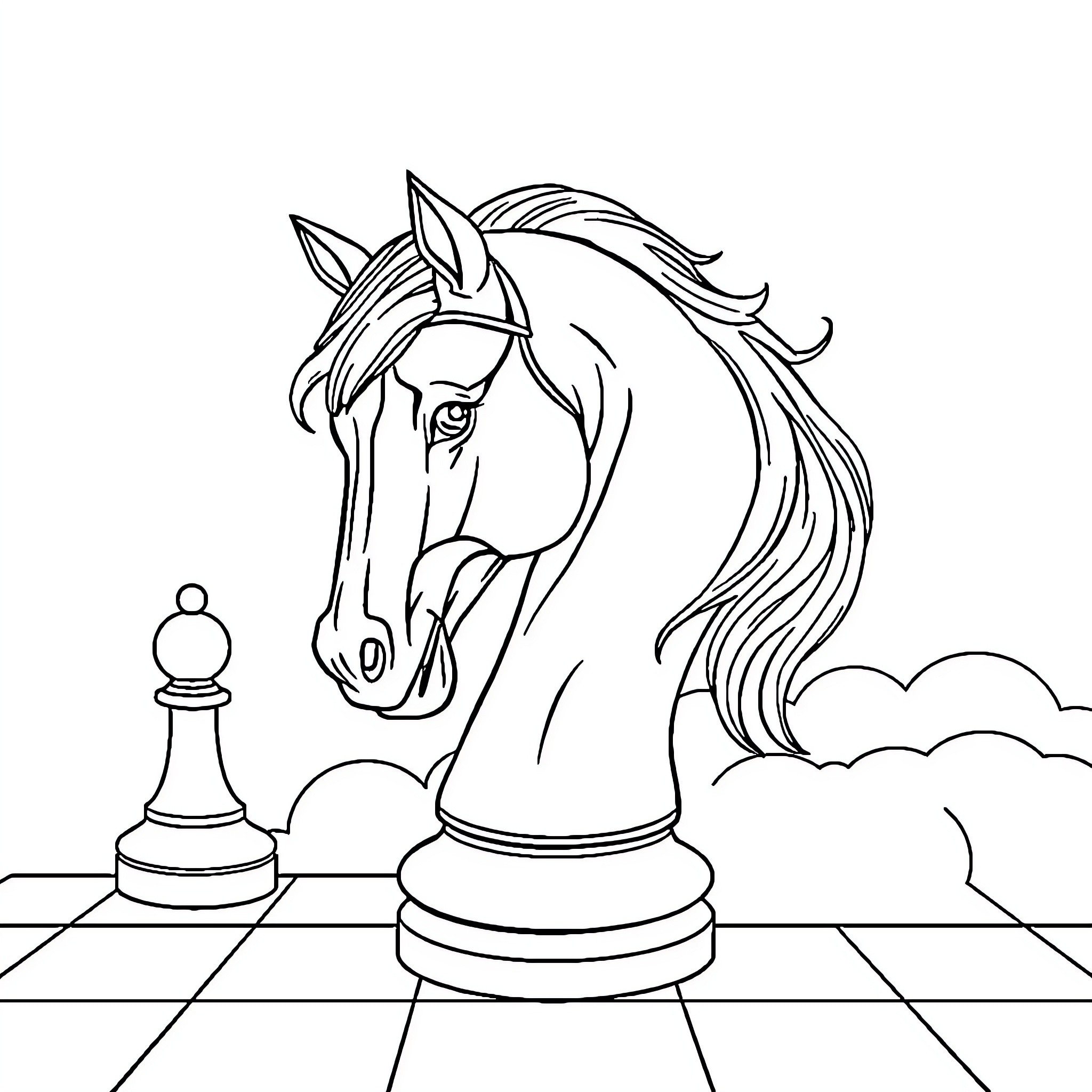 Knight's Chess Companion in the Clouds Coloring Page (free black-and-white line drawing printable PDF for all, from beginners to advanced learners, including children, teens, adults, and seniors)