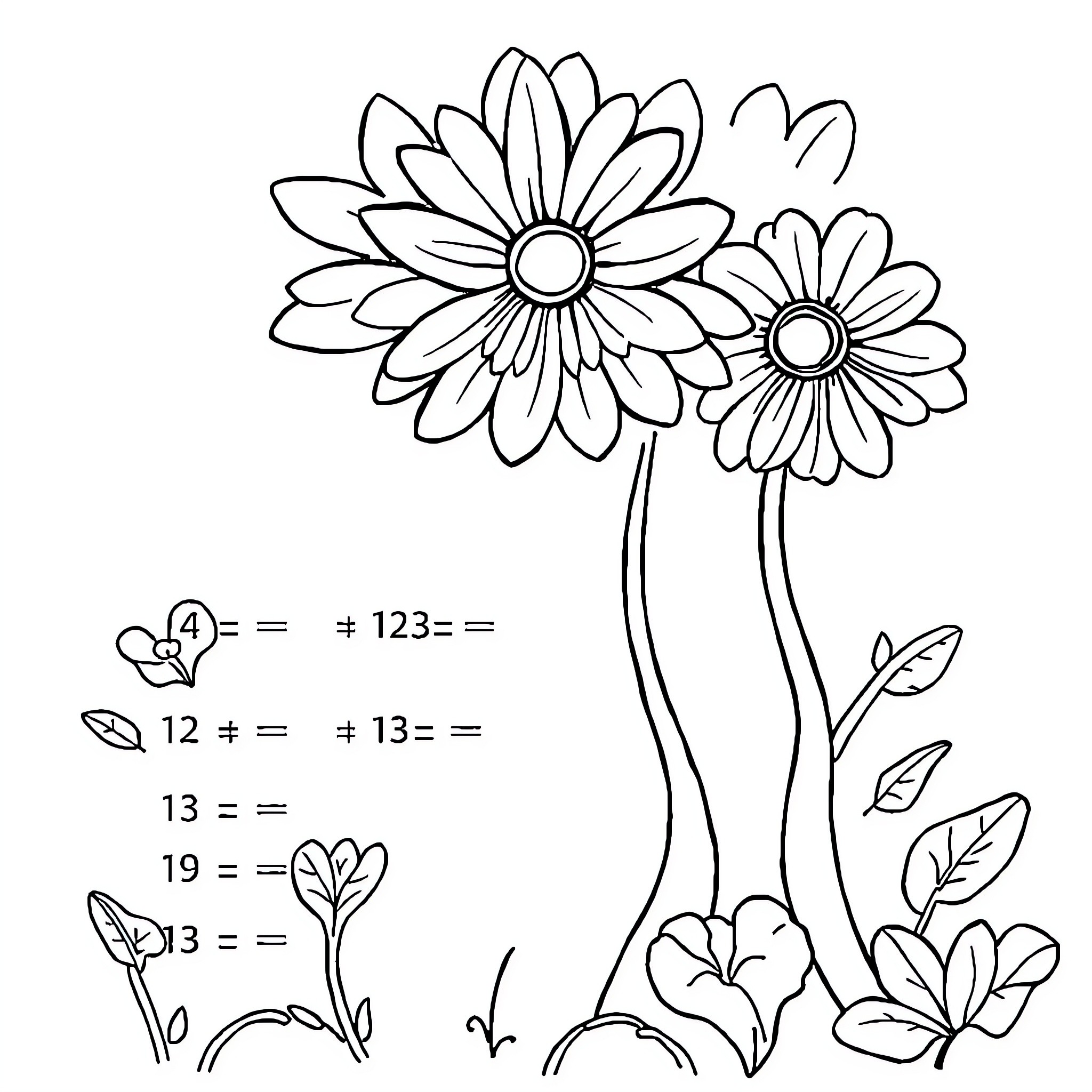 Math flowers with equations Coloring Page (free black-and-white line drawing printable PDF for all, from beginners to advanced learners, including children, teens, adults, and seniors)