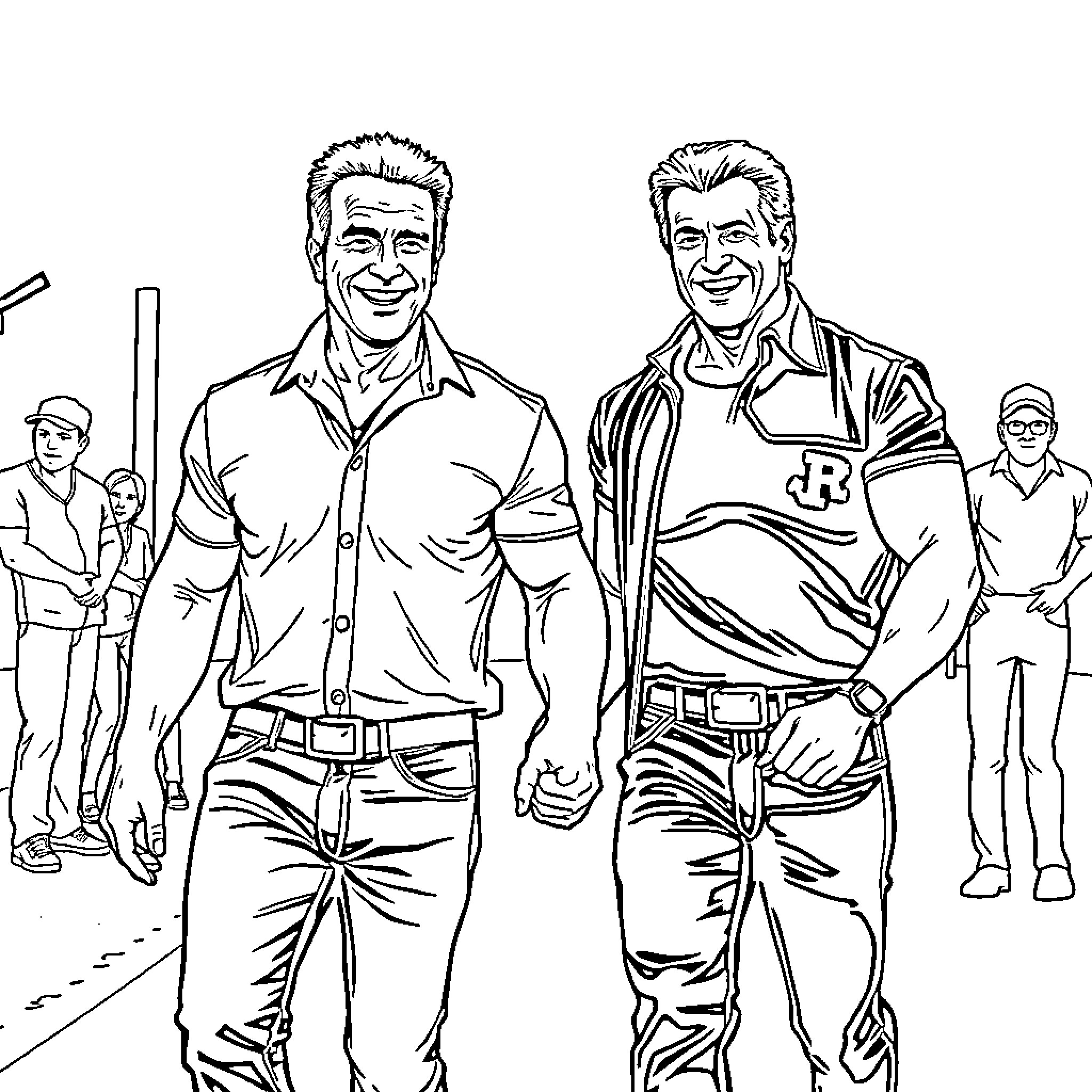 Arnold Schwarzenegger and companion walking together Coloring Page (free black-and-white line drawing printable PDF for all, from beginners to advanced learners, including children, teens, adults, and seniors)