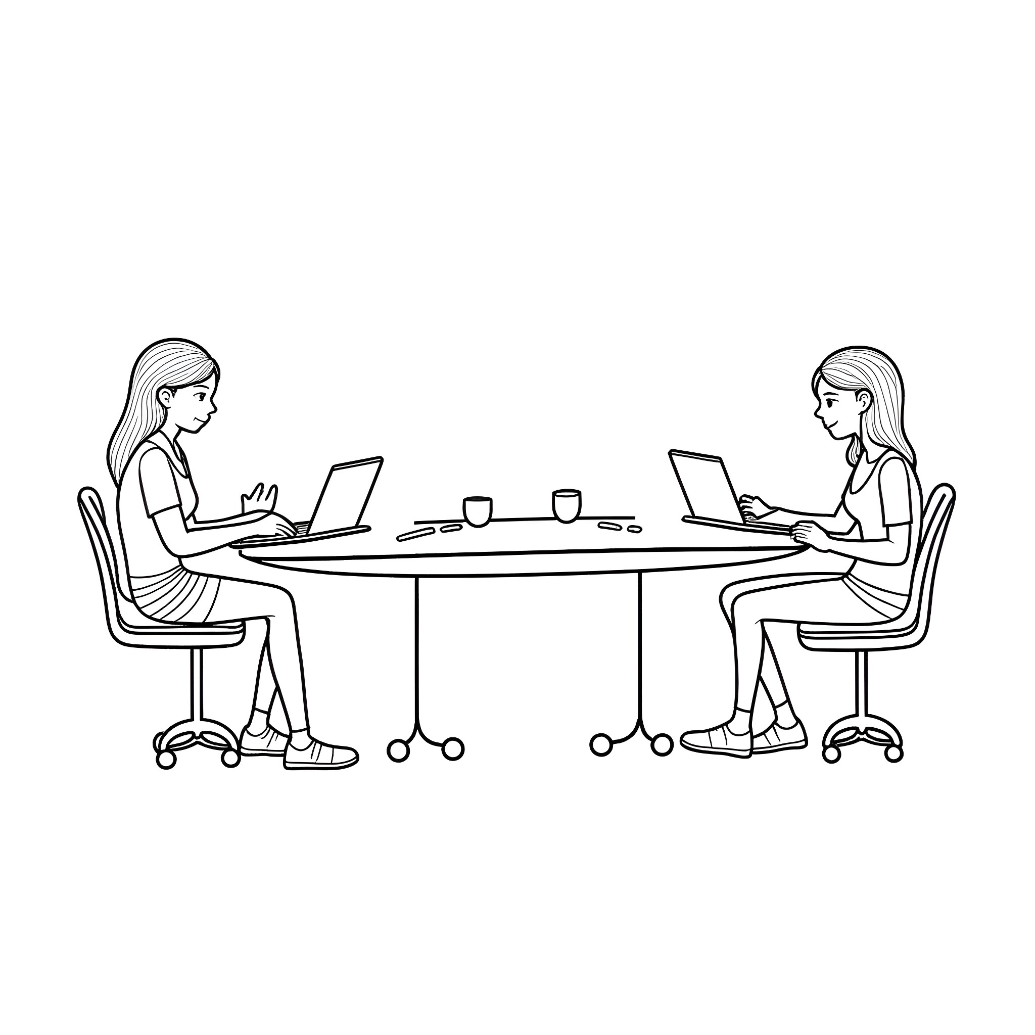 Teacher and student working together on laptops Coloring Page (free black-and-white line drawing printable PDF for all, from beginners to advanced learners, including children, teens, adults, and seniors)