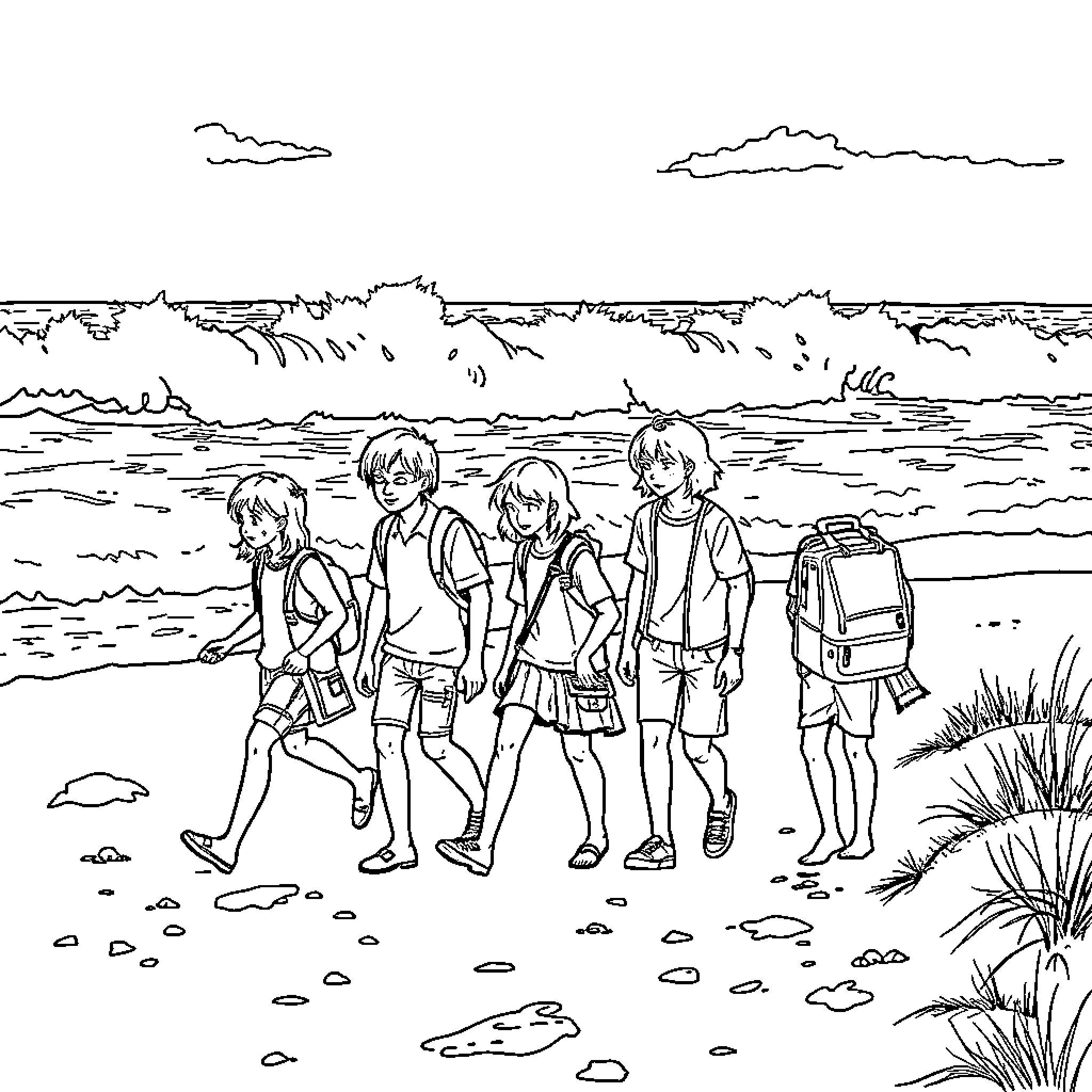 Stranger Things: Group of kids exploring the wilderness Coloring Page (free black-and-white line drawing printable PDF for all, from beginners to advanced learners, including children, teens, adults, and seniors)
