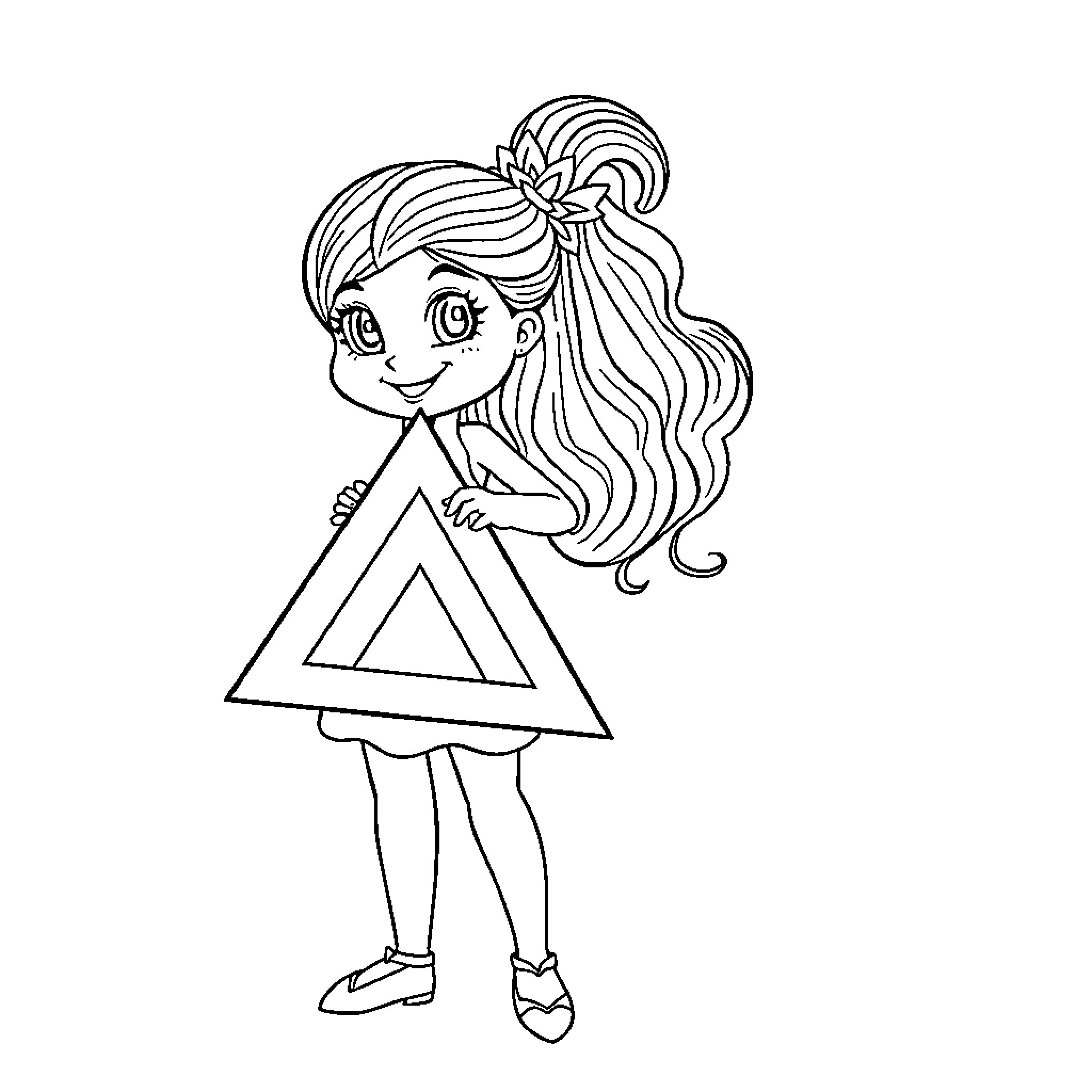 Mirabel holding a triangle shape Coloring Page (free black-and-white line drawing printable PDF for all, from beginners to advanced learners, including children, teens, adults, and seniors)
