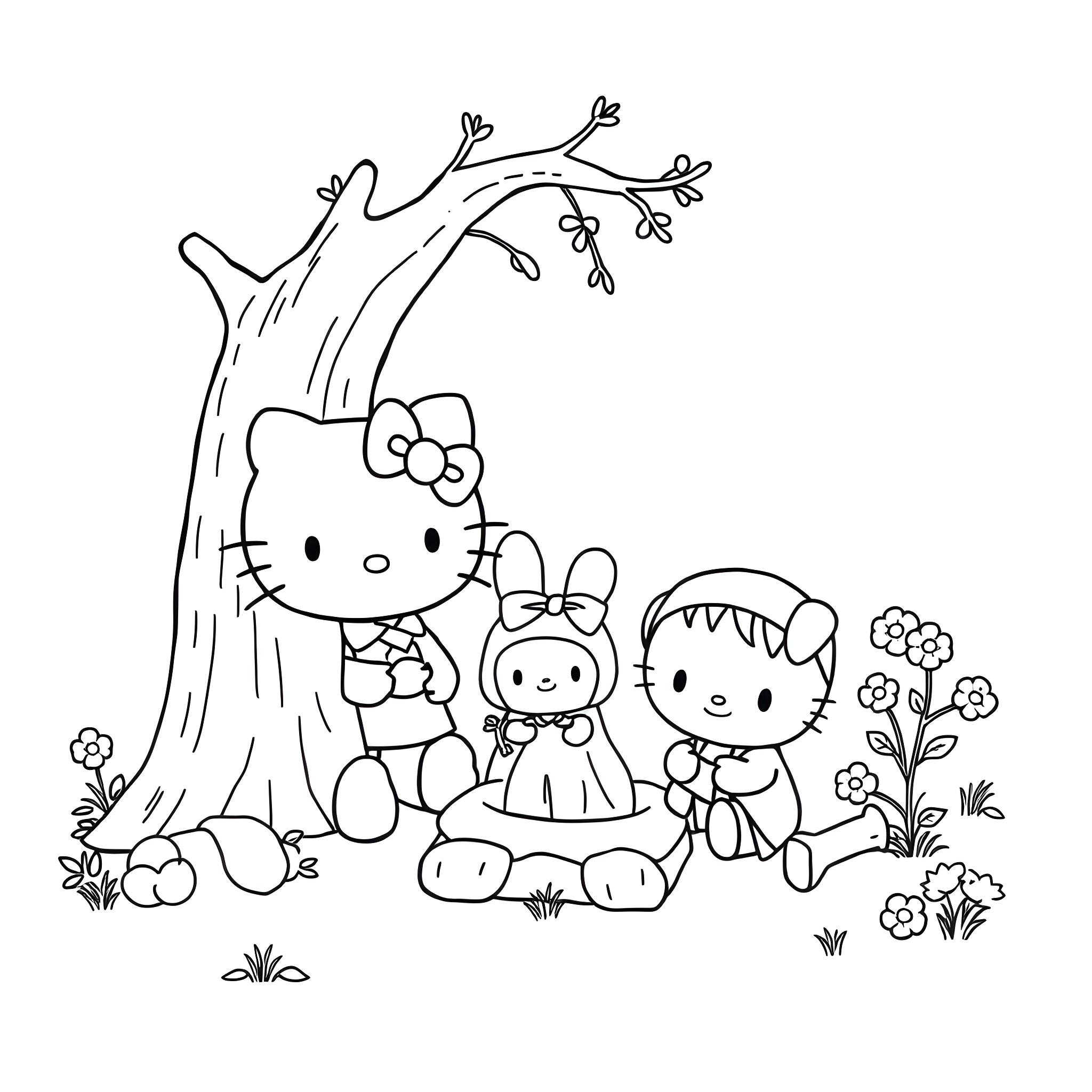 Hello Kitty and Friends Enjoy Nature's Scenery Coloring Page (free black-and-white line drawing printable PDF for all, from beginners to advanced learners, including children, teens, adults, and seniors)