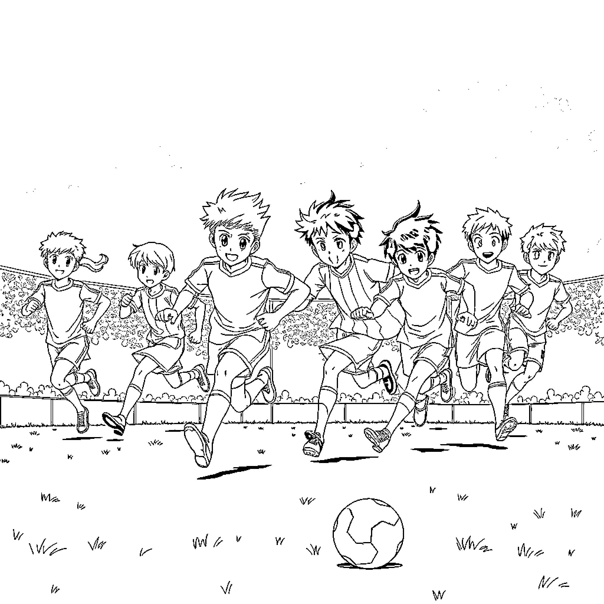 Inazuma Eleven: Soccer Teammates in Action Coloring Page (free black-and-white line drawing printable PDF for all, from beginners to advanced learners, including children, teens, adults, and seniors)