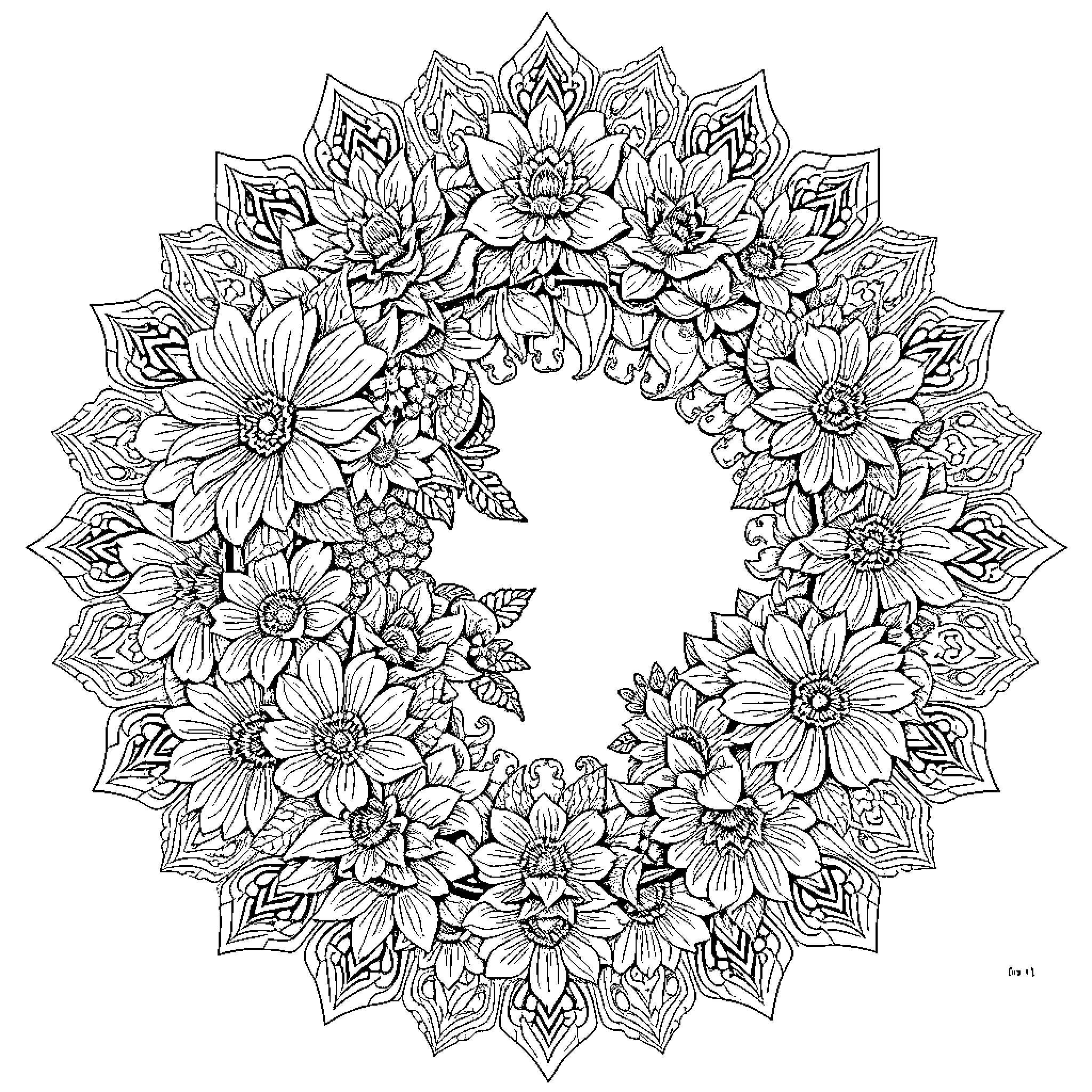 Jinju Ito's Floral Mandala Artwork Coloring Page (free black-and-white line drawing printable PDF for all, from beginners to advanced learners, including children, teens, adults, and seniors)