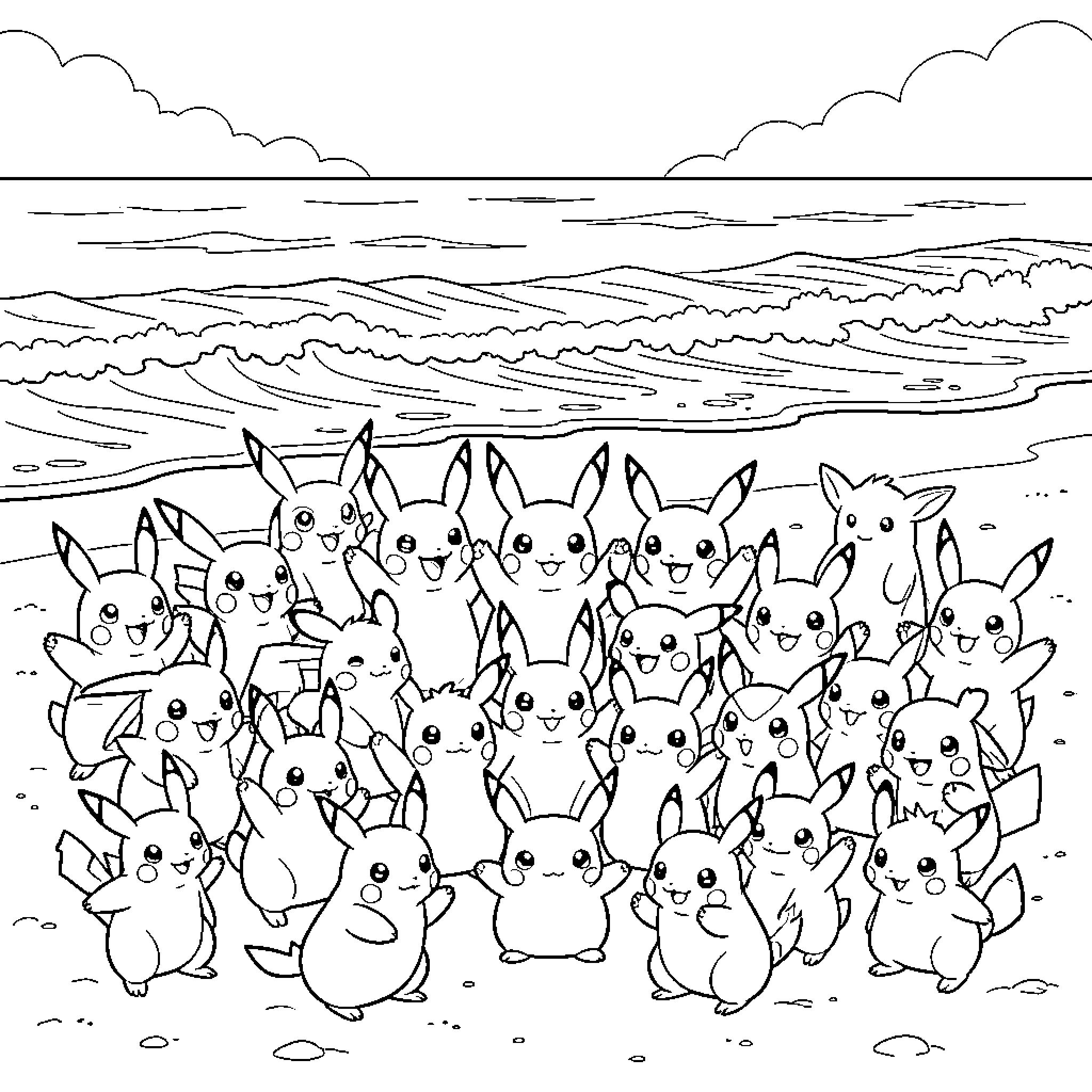 Pokémon gathering together happily on a sandy beach Coloring Page (free black-and-white line drawing printable PDF for all, from beginners to advanced learners, including children, teens, adults, and seniors)