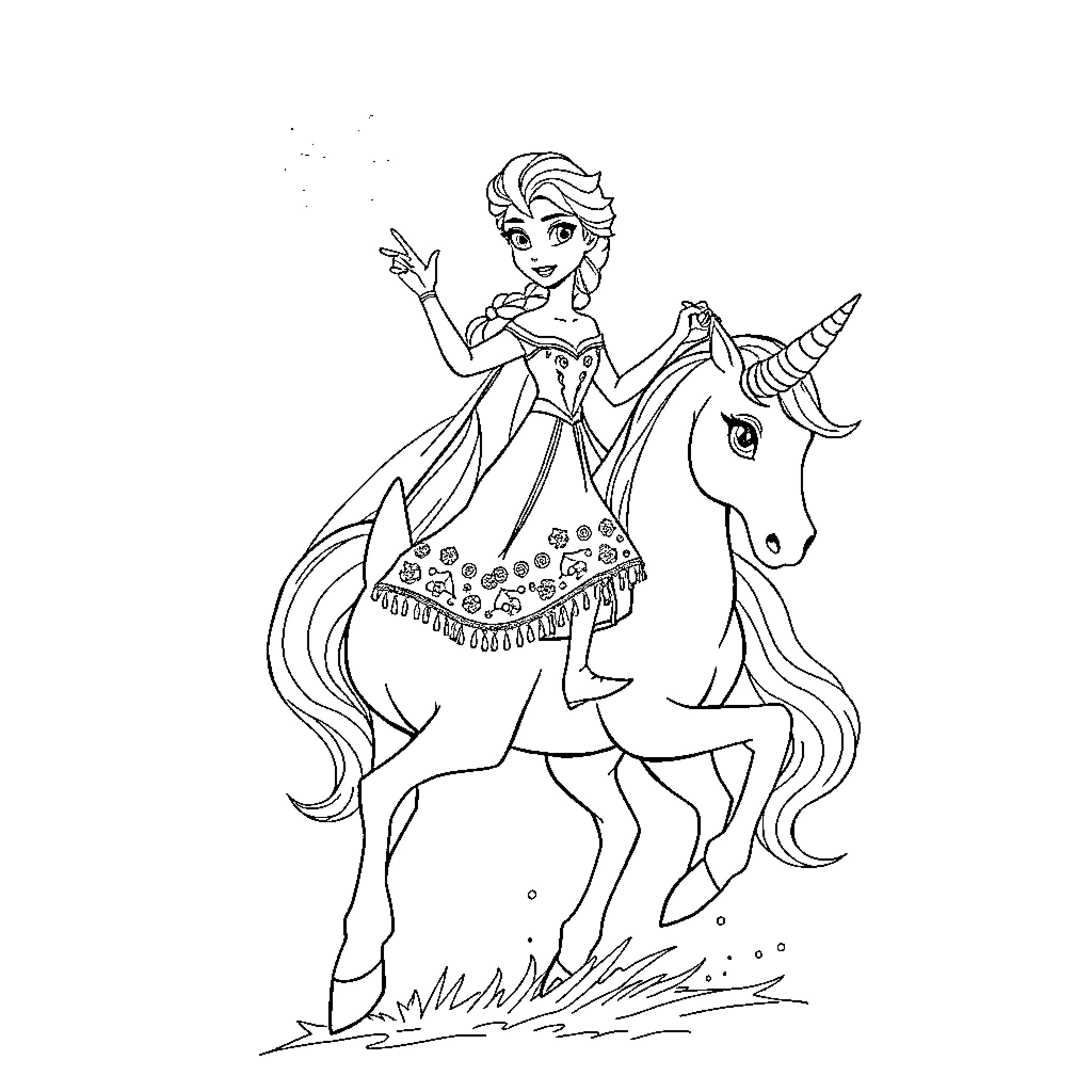 Elsa riding a magical unicorn in a fantasy world Coloring Page (free black-and-white line drawing printable PDF for all, from beginners to advanced learners, including children, teens, adults, and seniors)