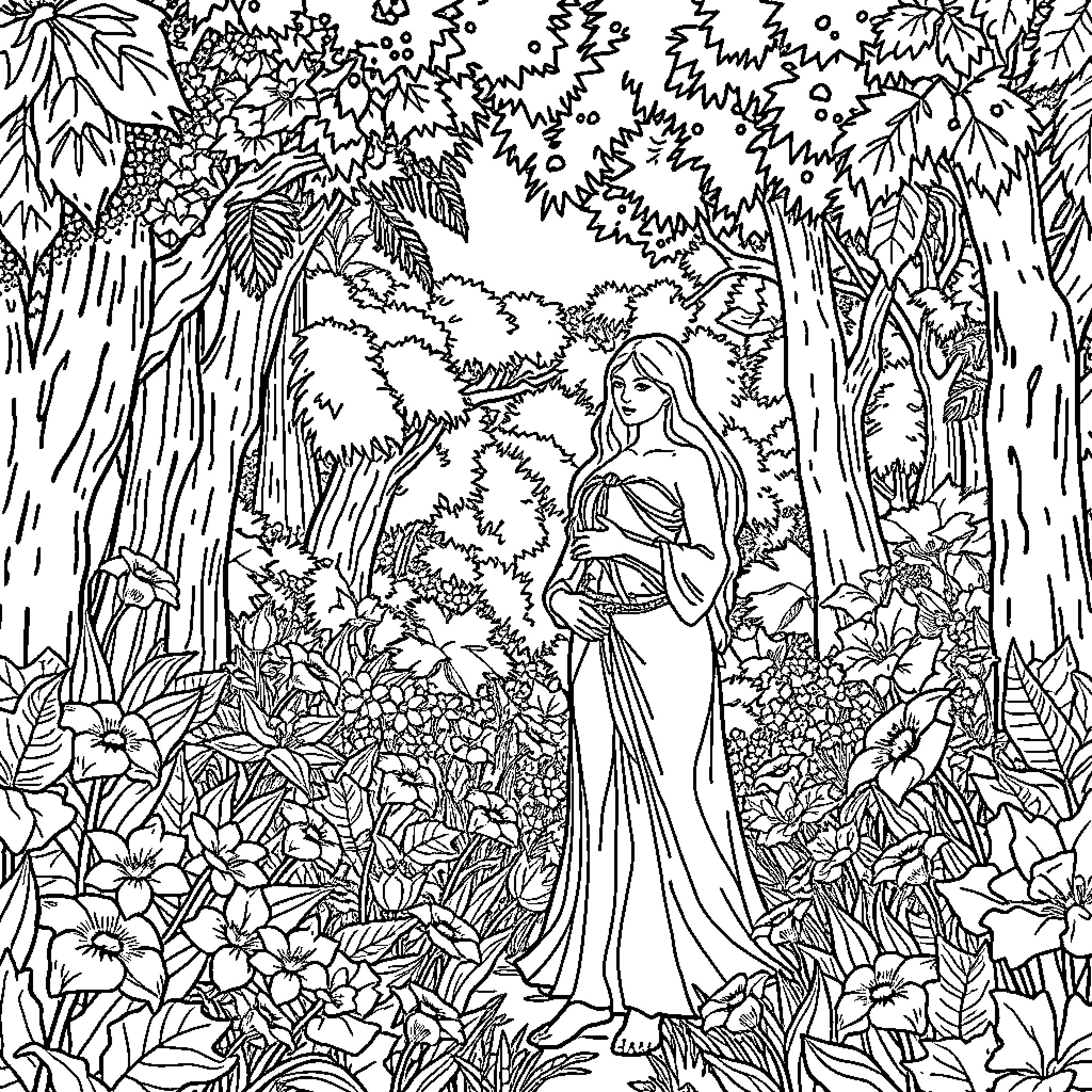 Adam and Eve in the lush Garden of Eden Coloring Page (free black-and-white line drawing printable PDF for all, from beginners to advanced learners, including children, teens, adults, and seniors)