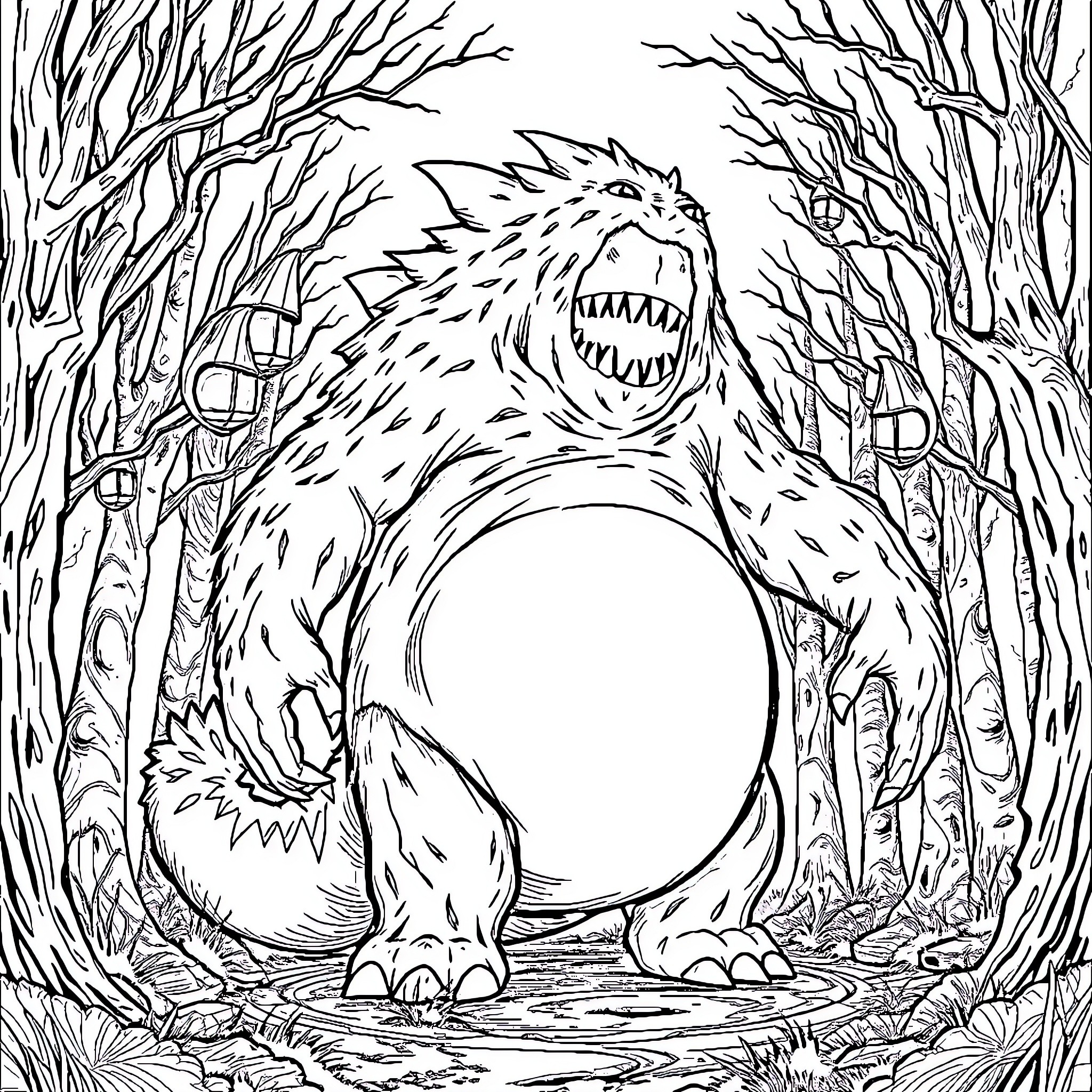 Monster Roaring in Ominous Forest Coloring Page (free black-and-white line drawing printable PDF for all, from beginners to advanced learners, including children, teens, adults, and seniors)