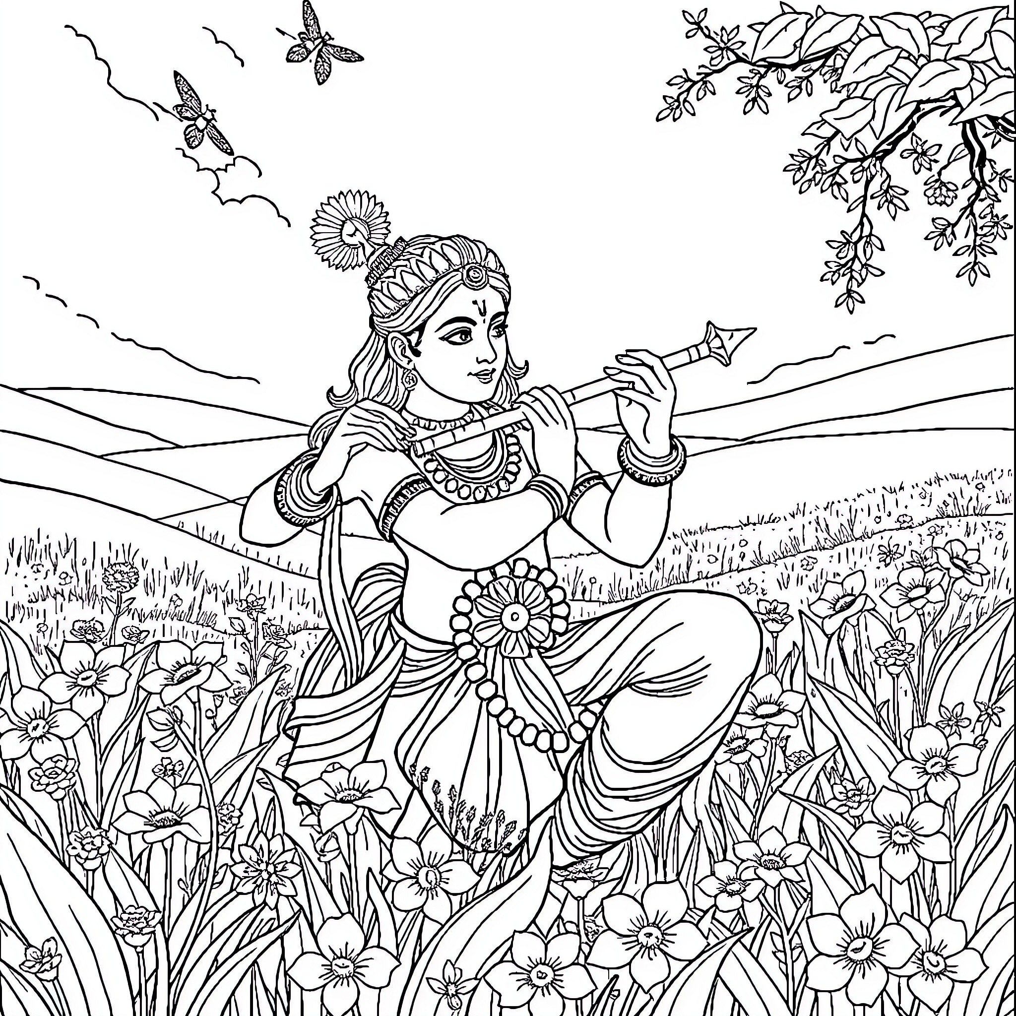 Krishna playing his flute in a serene natural setting Coloring Page (free black-and-white line drawing printable PDF for all, from beginners to advanced learners, including children, teens, adults, and seniors)