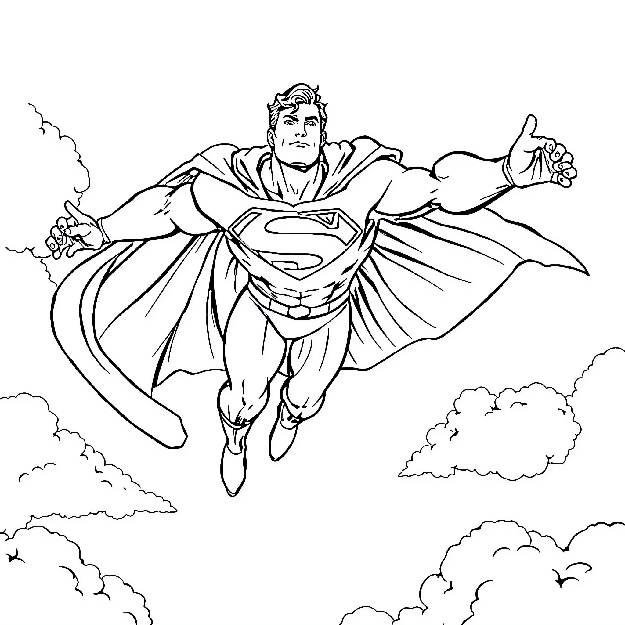 Superman soaring through the clouds with heroic stance Coloring Page (free black-and-white line drawing printable PDF for all, from beginners to advanced learners, including children, teens, adults, and seniors)