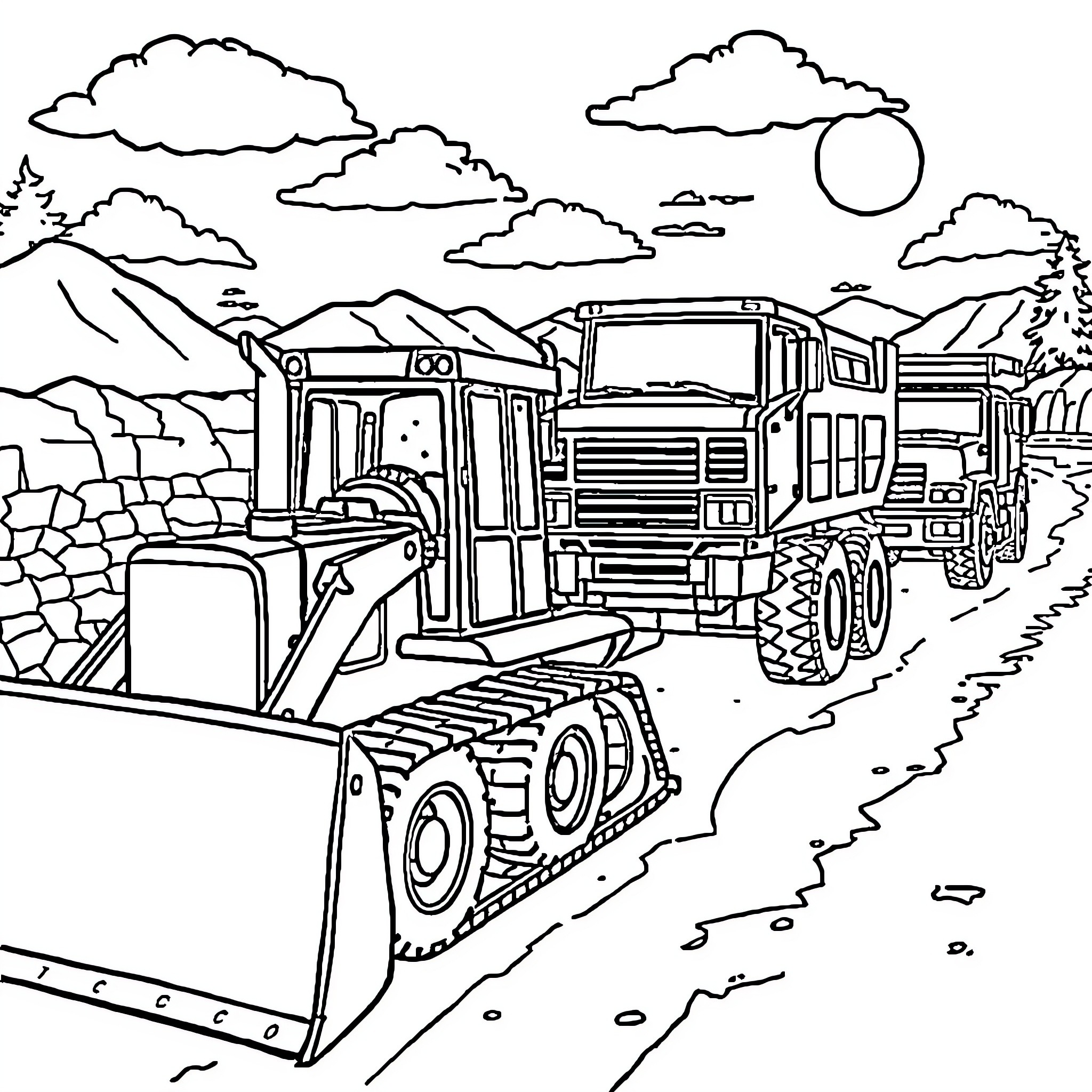 Construction Vehicles at Work in Mountainous Landscape Coloring Page (free black-and-white line drawing printable PDF for all, from beginners to advanced learners, including children, teens, adults, and seniors)