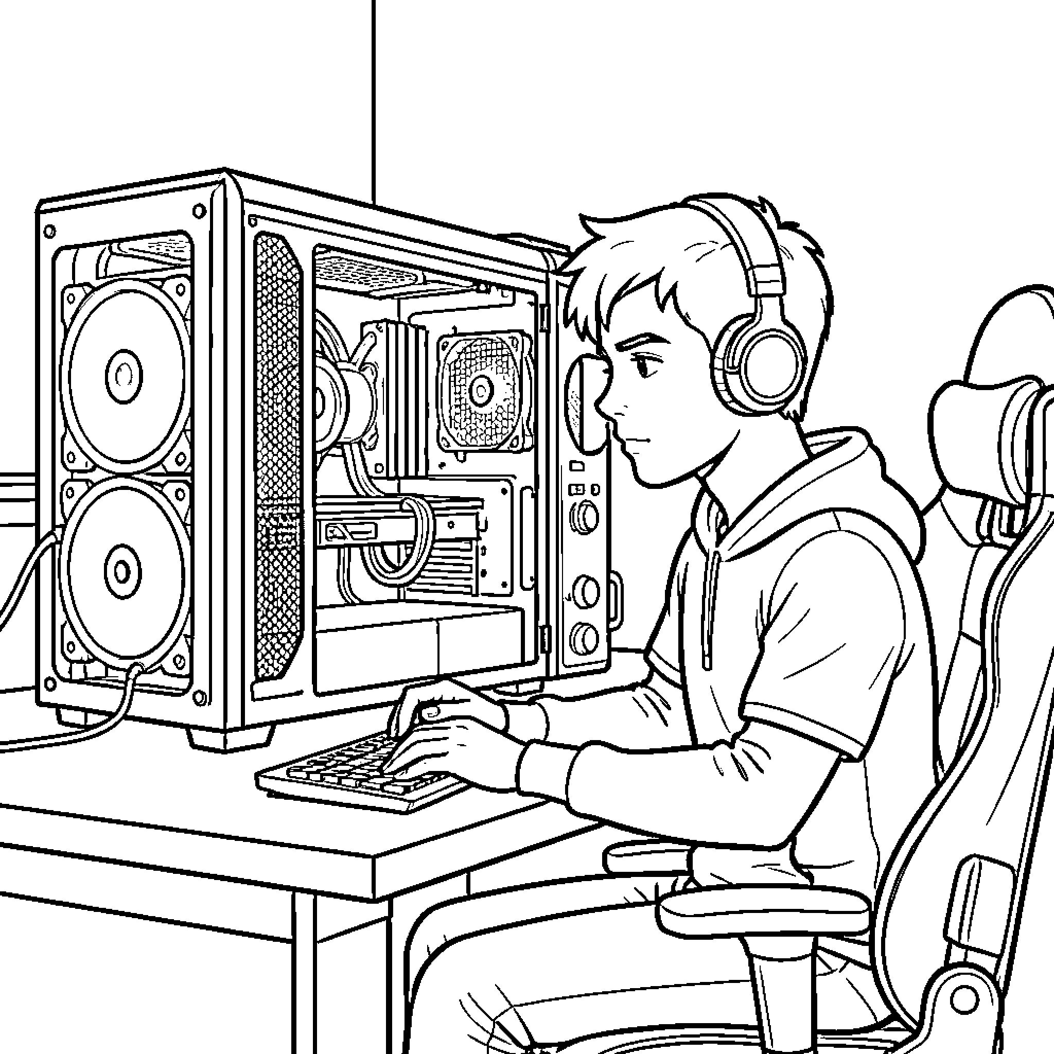 Gamer focused on playing video game at computer Coloring Page (free black-and-white line drawing printable PDF for all, from beginners to advanced learners, including children, teens, adults, and seniors)